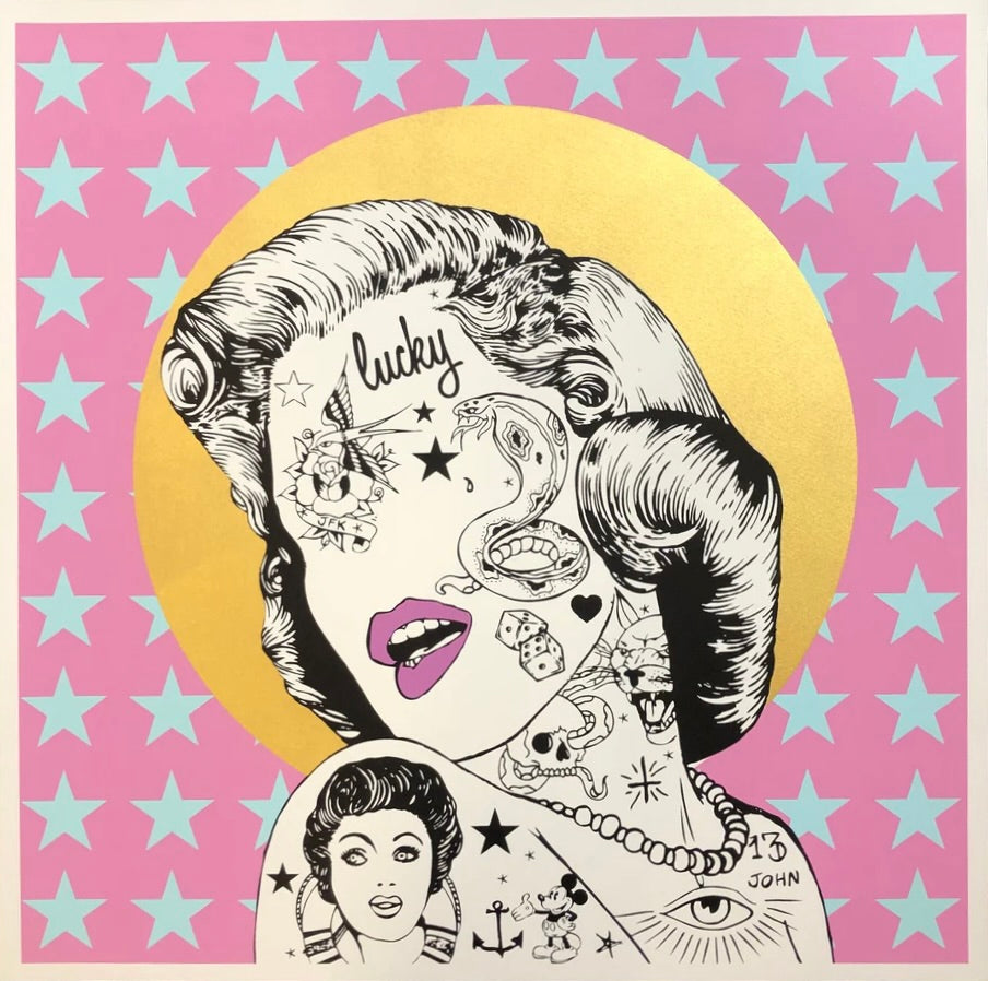 Monroe Pink and Blue Stars by Rugman, a limited edition 4 colour screen print special edition. finished with 24ct gold on the halo from 2014
