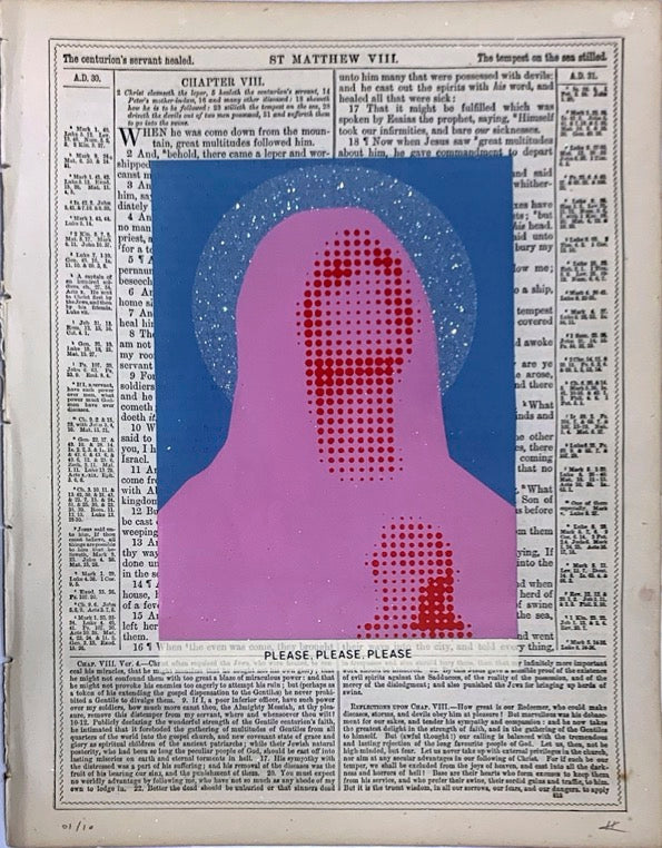 Pray - Bible Edition by Heath Kane, a limited edition  6 colour screenprint on old reclaimed pages from the bible from 2023