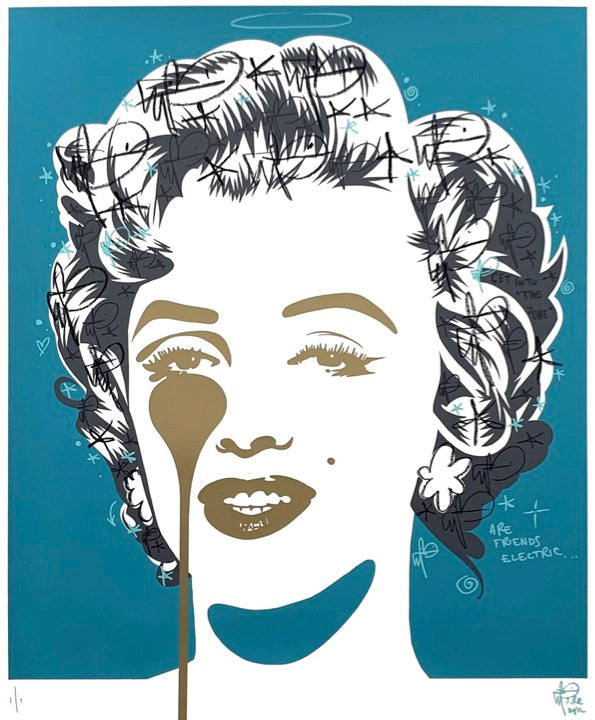 Marilyn Classic - Reflective Gold Eyes Teal by Pure Evil, a hand-finished 3 colour handfinished screenprint on 330gsm fedrigoni paper from 2022