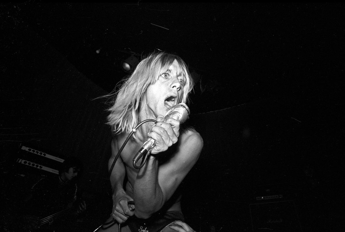 Black and white photograph of Iggy Pop performing on stage at the Whisky a Go Go, Los Angeles, 1973