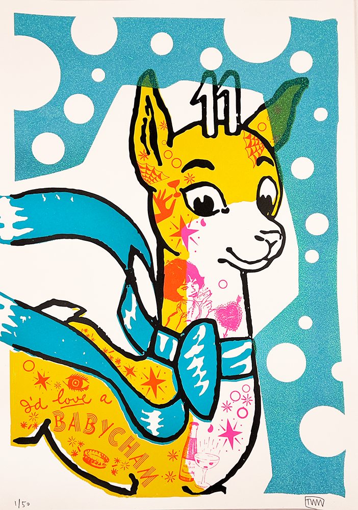 Babysham Bubbles Mini – Blue by Rob Timm, a limited edition 5 colours, on gf smith 330 gsm naturalis absolute white satin paper hand finished with baby blue glitter from 2023