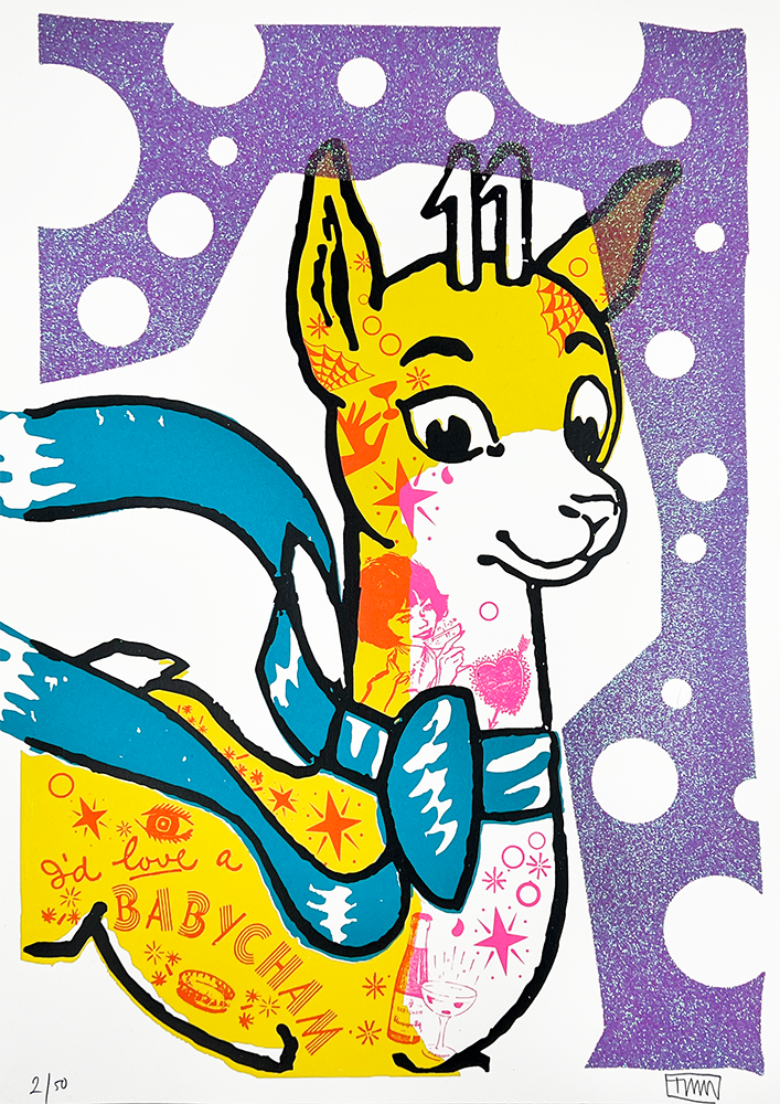 Babysham Bubbles Mini – Purple by Rob Timm, a limited edition 5 colours, on gf smith 330 gsm naturalis absolute white satin paper hand finished with purple glitter from 2023