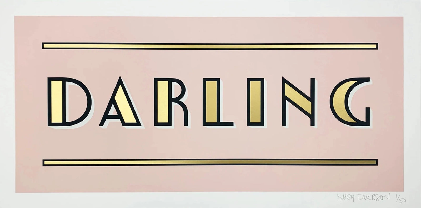 Darling - Blush Pink by Daisy Emerson, a limited edition 3 layer hand pulled silk screen print with metallic gold ink.  300gsm munken smooth gf smith paper. from 2023
