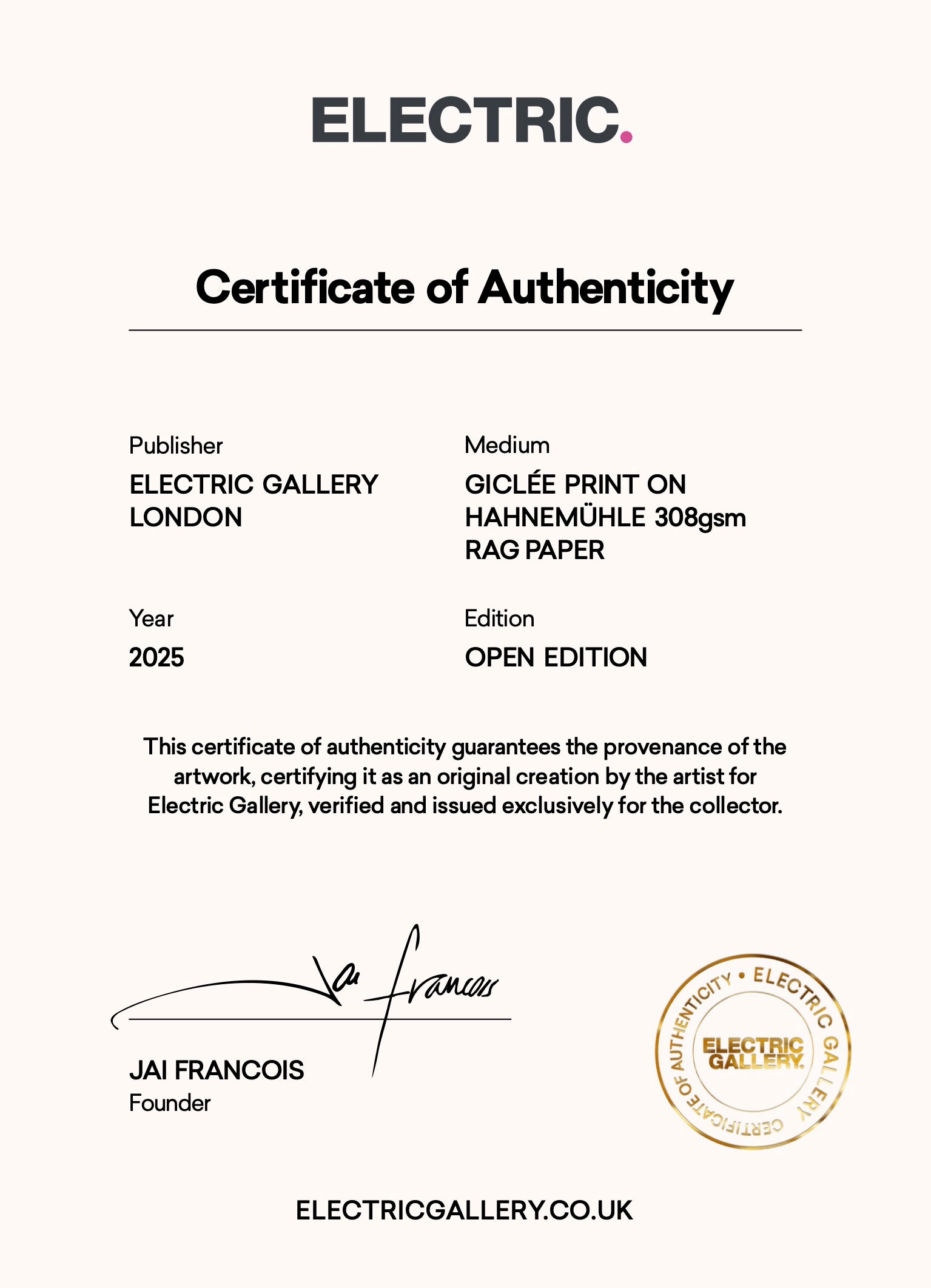 Certificate of Authenticity by Electric Gallery