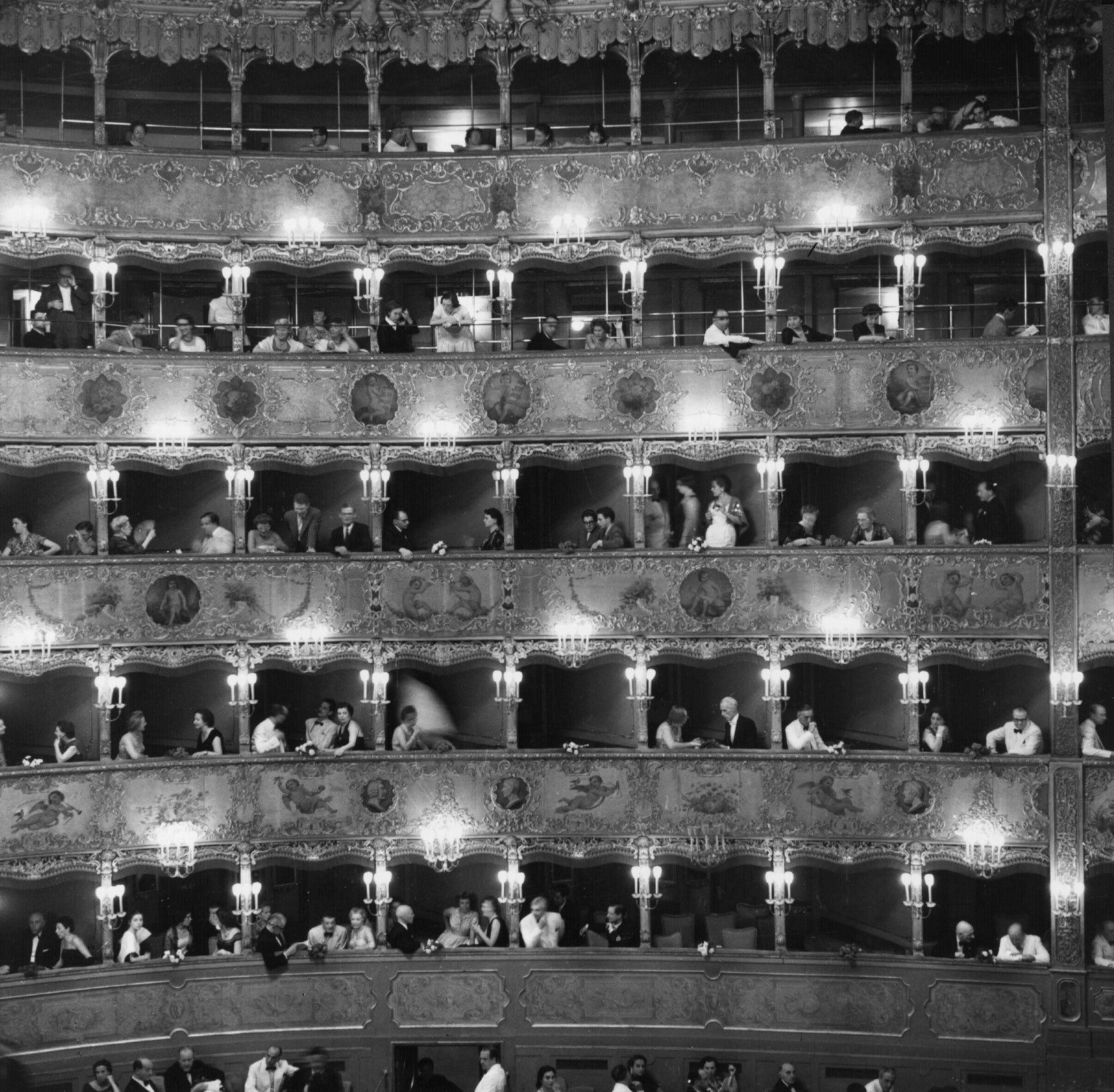La Fenice by Erich Auerbach/Getty Images, 1954. A general view of the boxes at La Fenice, the Venice Opera House. Open Edition Resin Photographic Print. Square orientation. Available at Electric Gallery, London, UK.