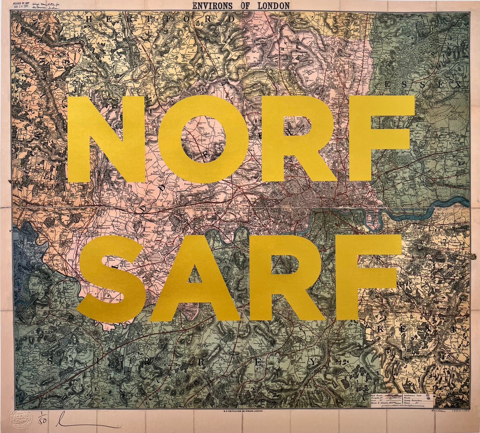 NORF SARF - Gold by Dave Buonaguidi, a limited edition lithograph print of a vintage map with gold ink screen print on 280gsm paper. from 2024