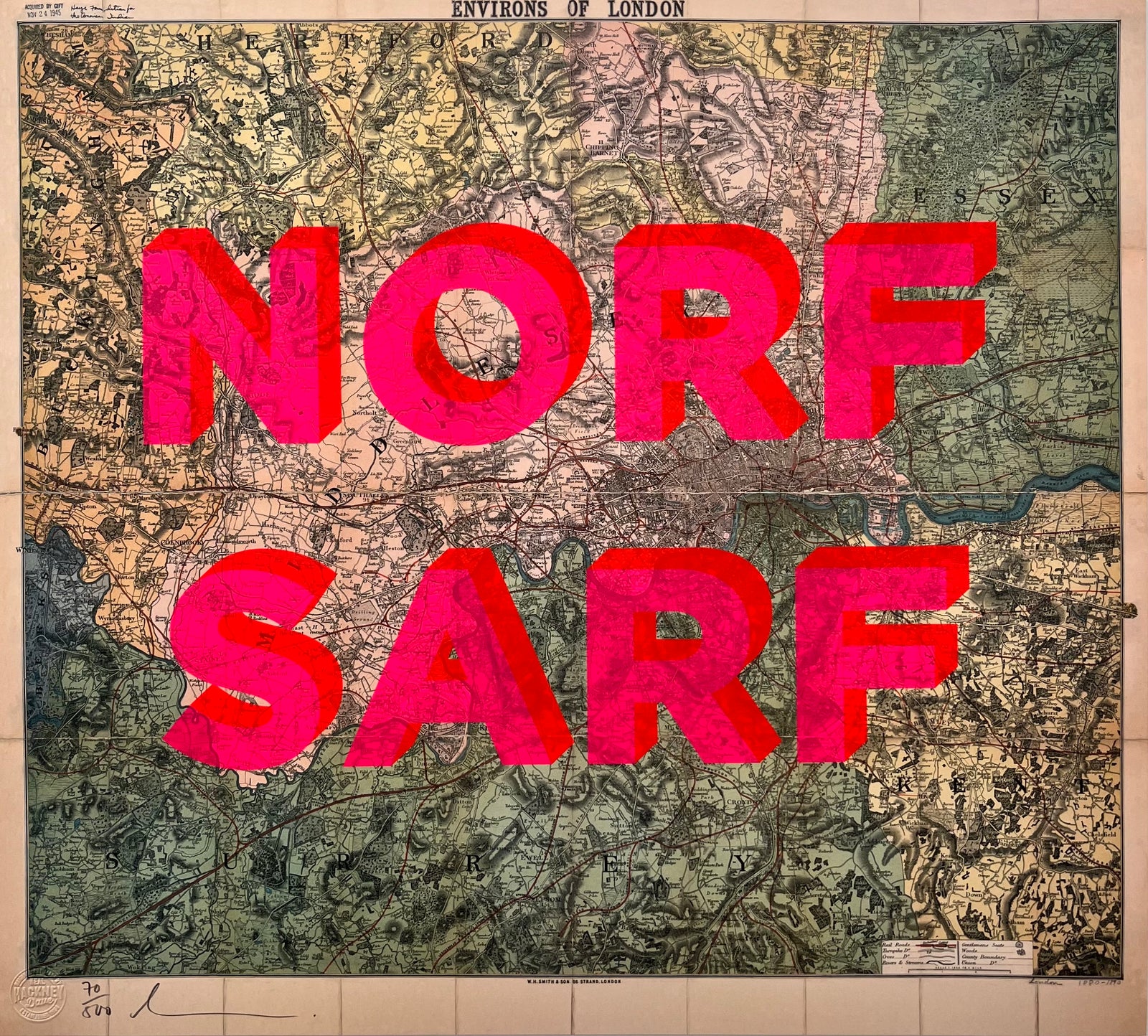 NORF SARF by Dave Buonaguidi, a limited edition lithograph print of a vintage map with two colour screen print on 280gsm paper. from 2024