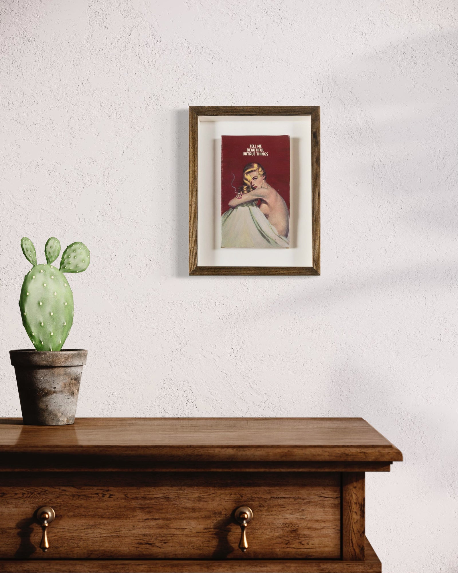 Tell Me Beautiful Untrue Things – Red (Framed) by The Connor Brothers, a limited edition hand painted vintage paperback book with silkscreen from 2019