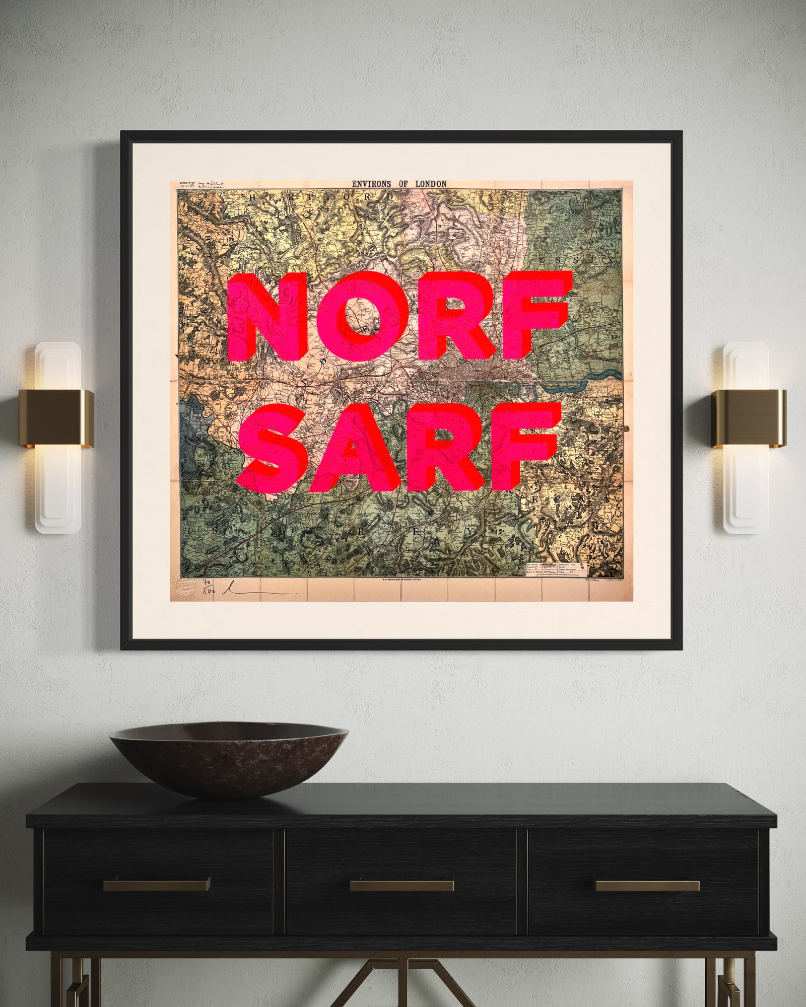 NORF SARF by Dave Buonaguidi, a limited edition lithograph print of a vintage map with two colour screen print on 280gsm paper. from 2024