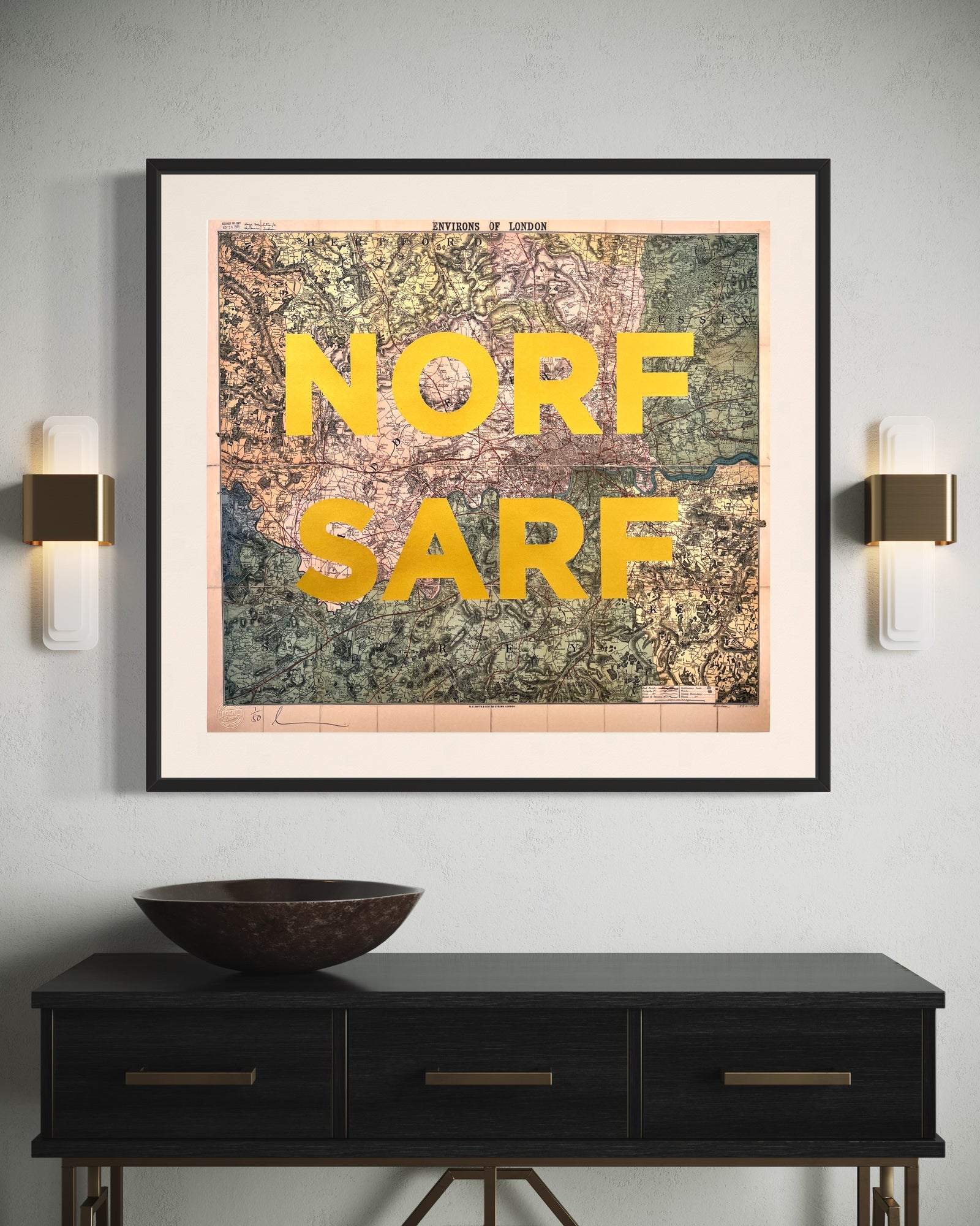 NORF SARF - Gold by Dave Buonaguidi, a limited edition lithograph print of a vintage map with gold ink screen print on 280gsm paper. from 2024