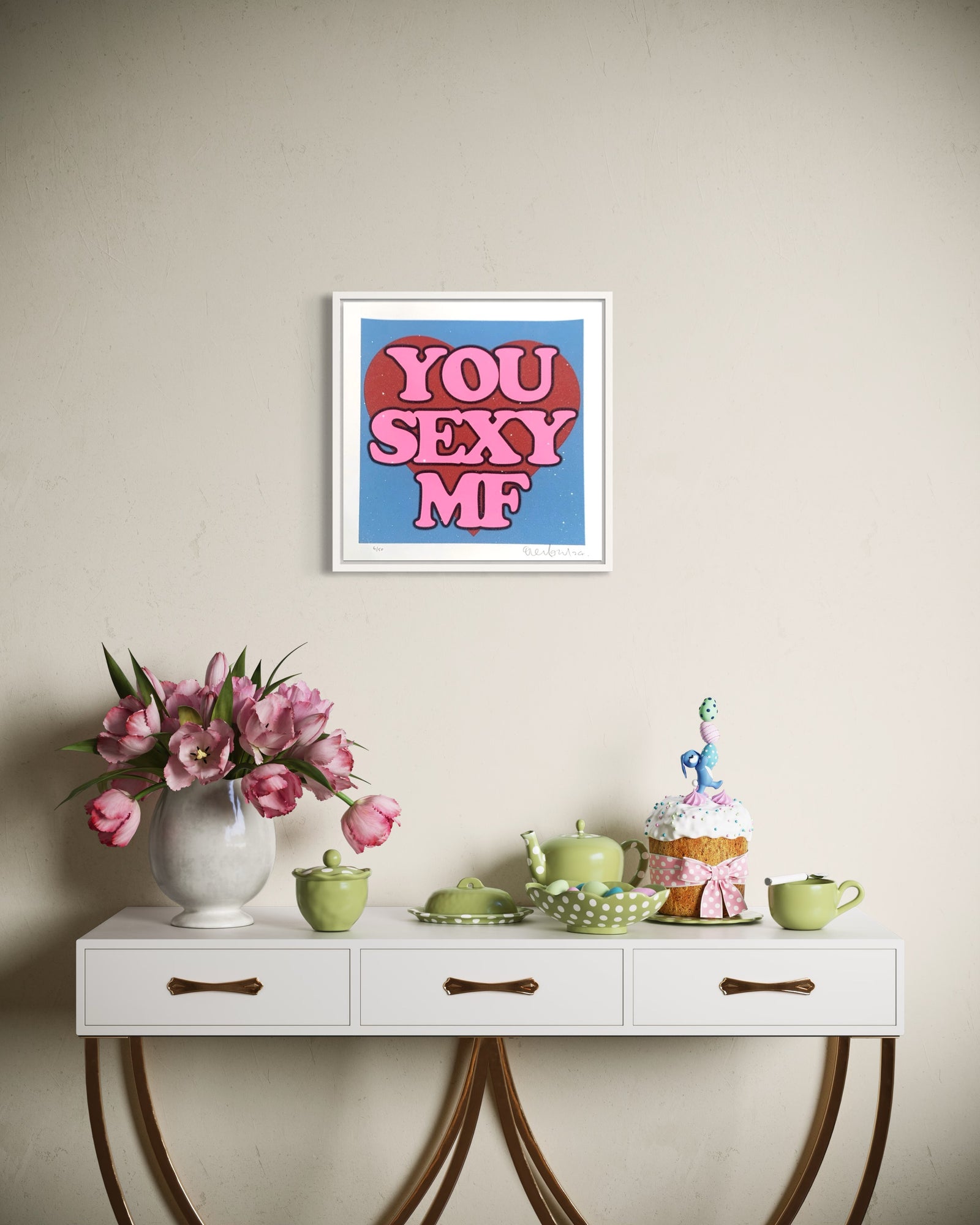 Sexy MF - Diamond Dust Edition by Oli Fowler, a limited edition 5 layer screenprint with added diamond dust on 320gsm heritage white  from 2024