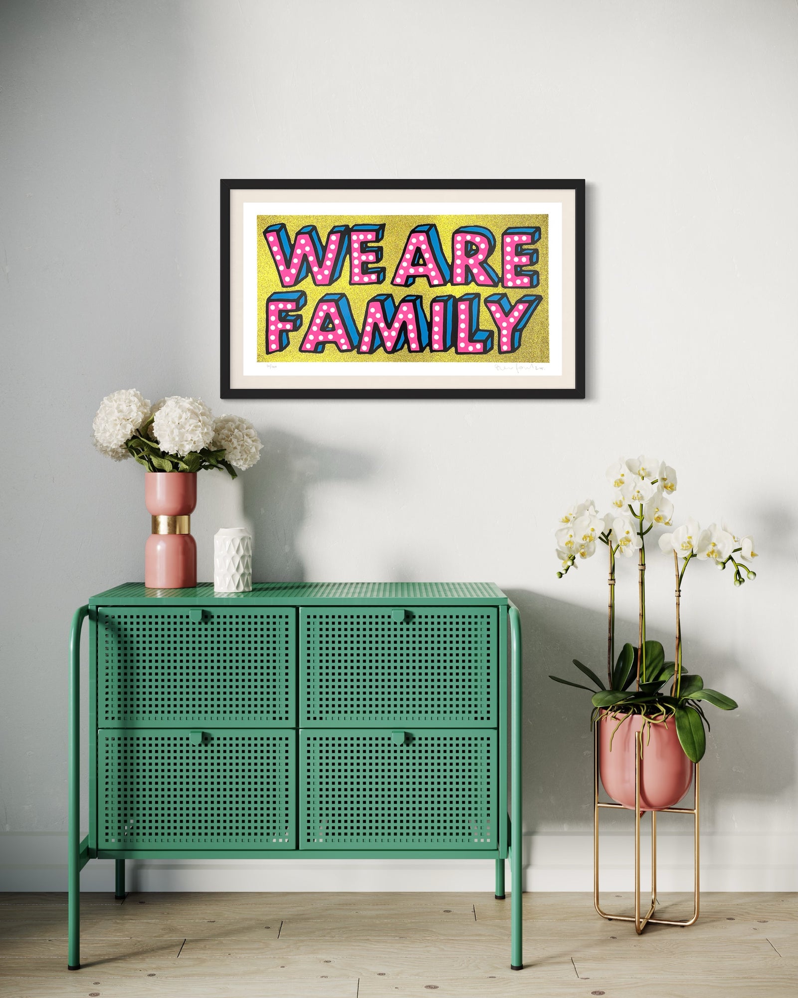 We Are Family by Oli Fowler, a limited edition 6 layer screenprint with yellow gold glitter on 320gsm heritage white paper from 2024
