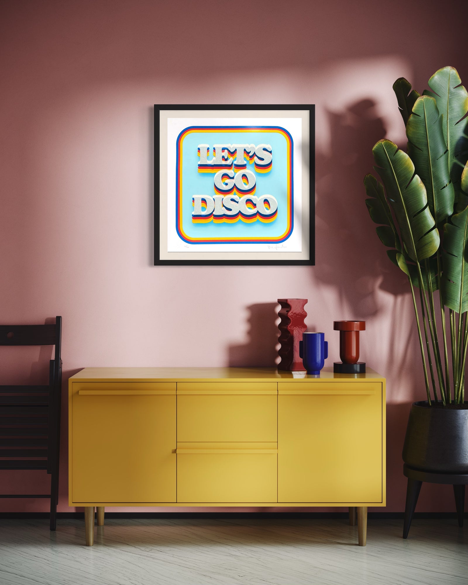 Let's Go Disco by Oli Fowler, a limited edition 7 layer screenprint with diamond dust on 320gsm naturalis white gf smith paper from 2024