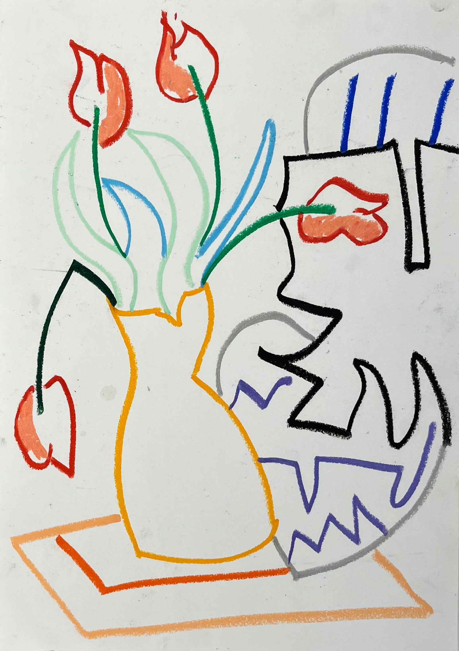 Tulips With Yellow Vase by Sam Wadsworth, a original oil pastel on paper from 2024