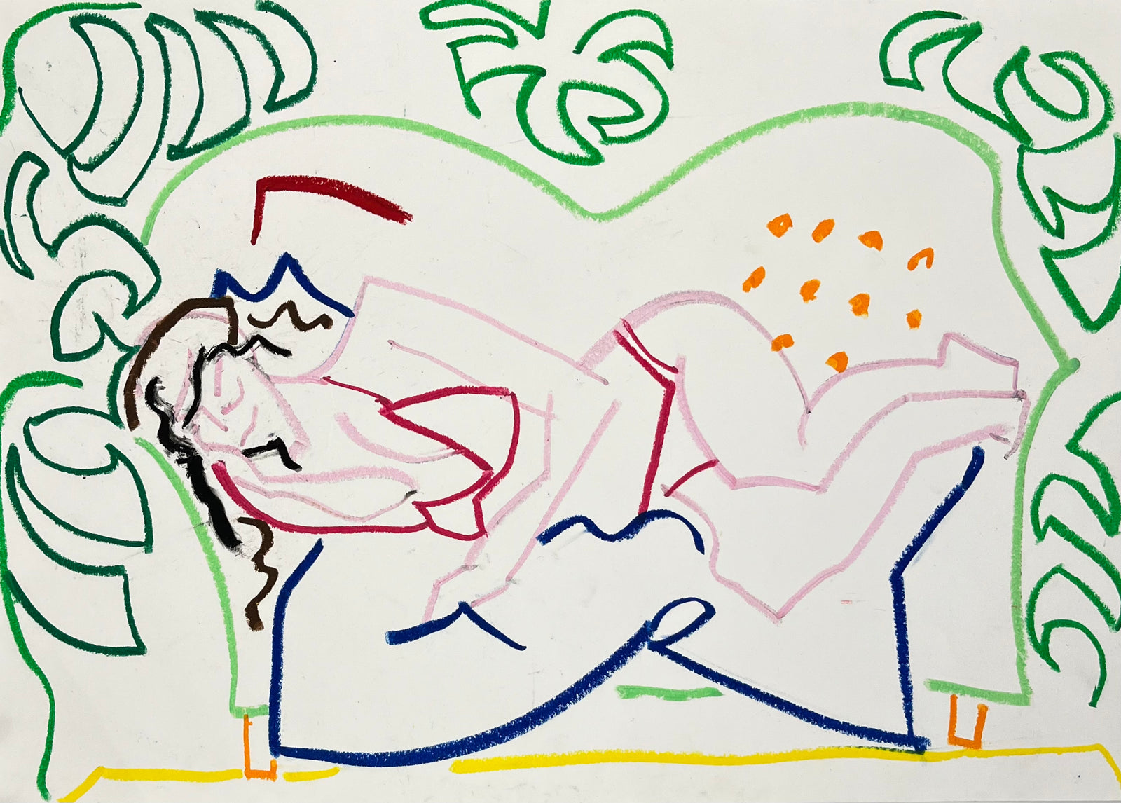 Pink Nude, Green Leaves by Sam Wadsworth, a original oil pastel on paper from 2024