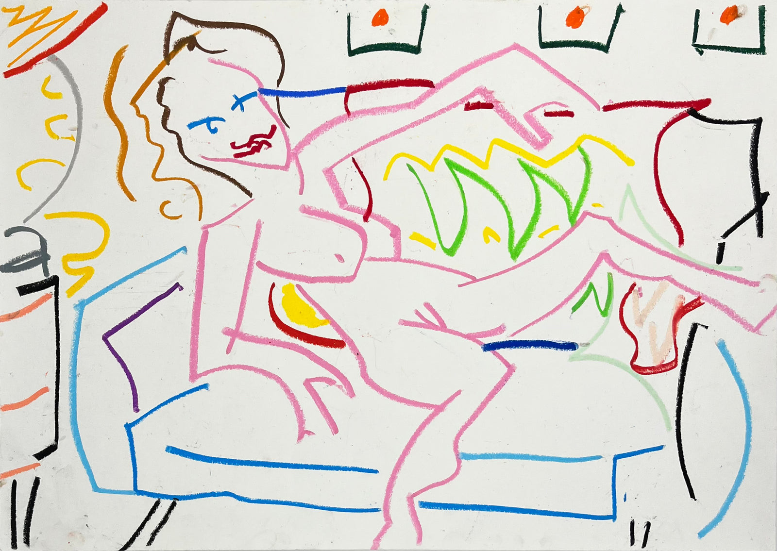 Rebecca's Blue Couch by Sam Wadsworth, a original oil pastel on paper from 2024