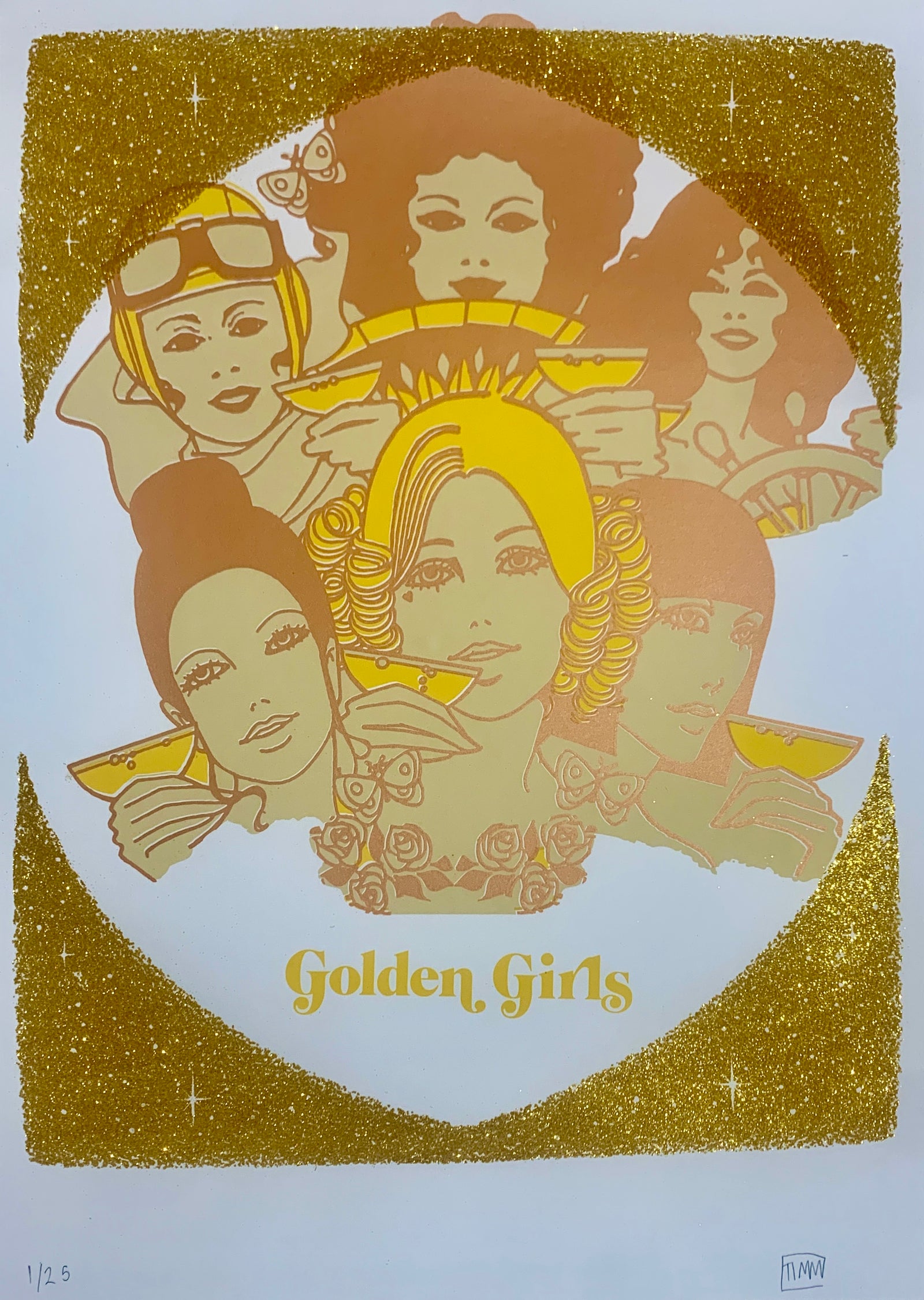 Golden Girls by Rob Timm, a limited edition printed in 3 colours, on gf smith 330 gsm naturalis absolute white satin paper hand finished with gold glitter from 2023