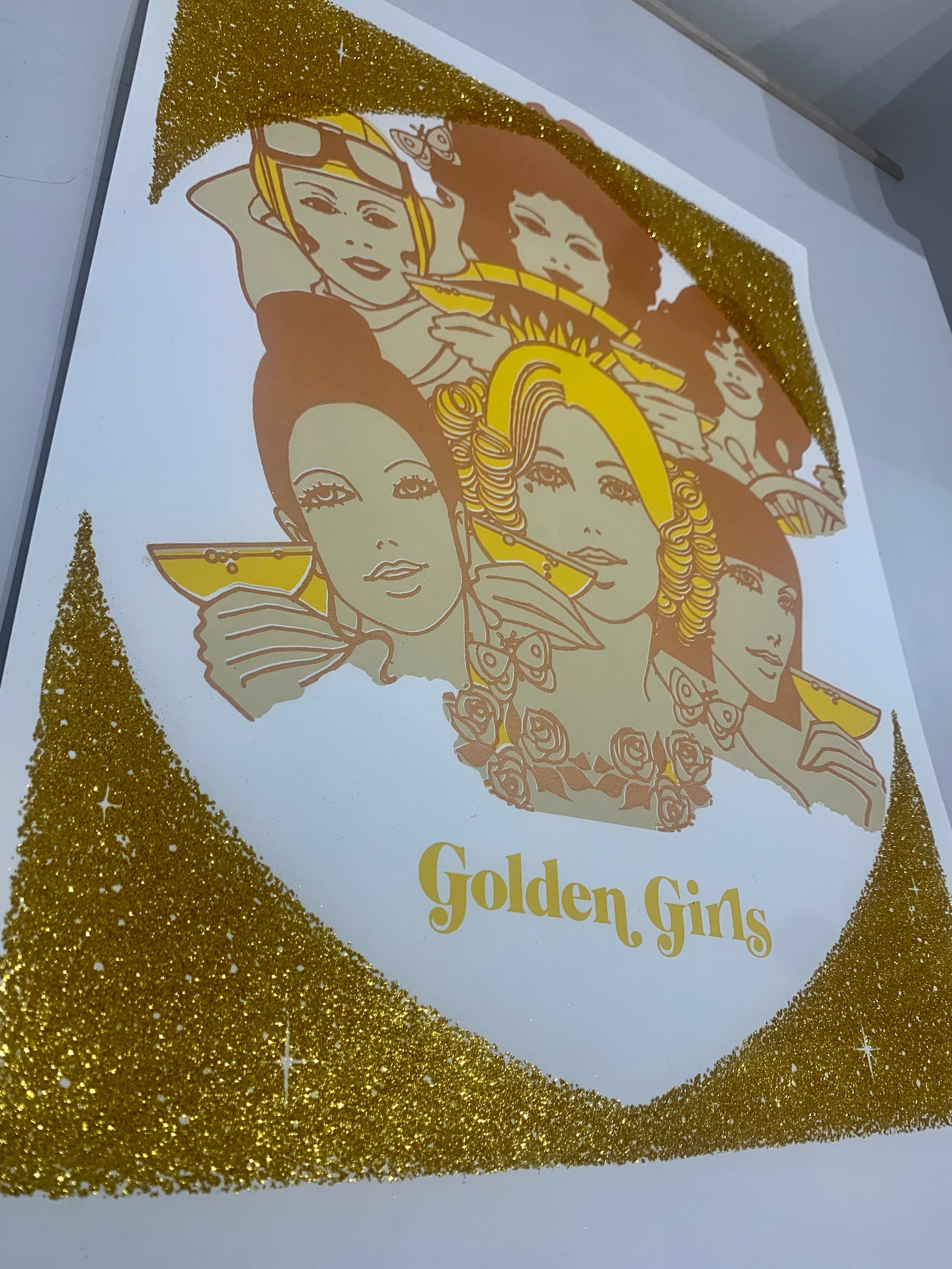 Golden Girls by Rob Timm, a limited edition printed in 3 colours, on gf smith 330 gsm naturalis absolute white satin paper hand finished with gold glitter from 2023