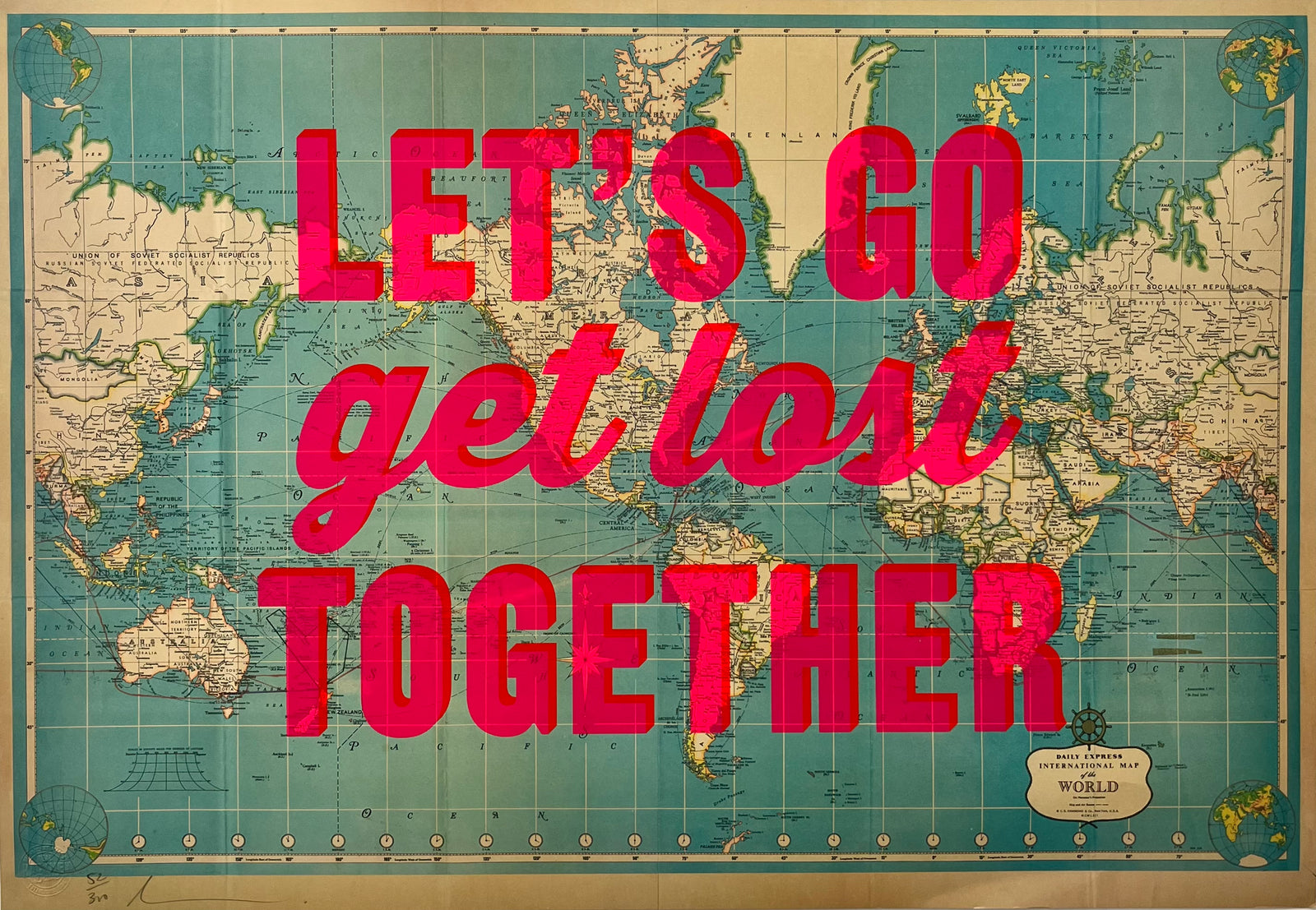Lets Go Get Lost Together - Pink by Dave Buonaguidi, a limited edition lithograph print of a vintage daily express map with two colour screen print on 280gsm paper. from 2024