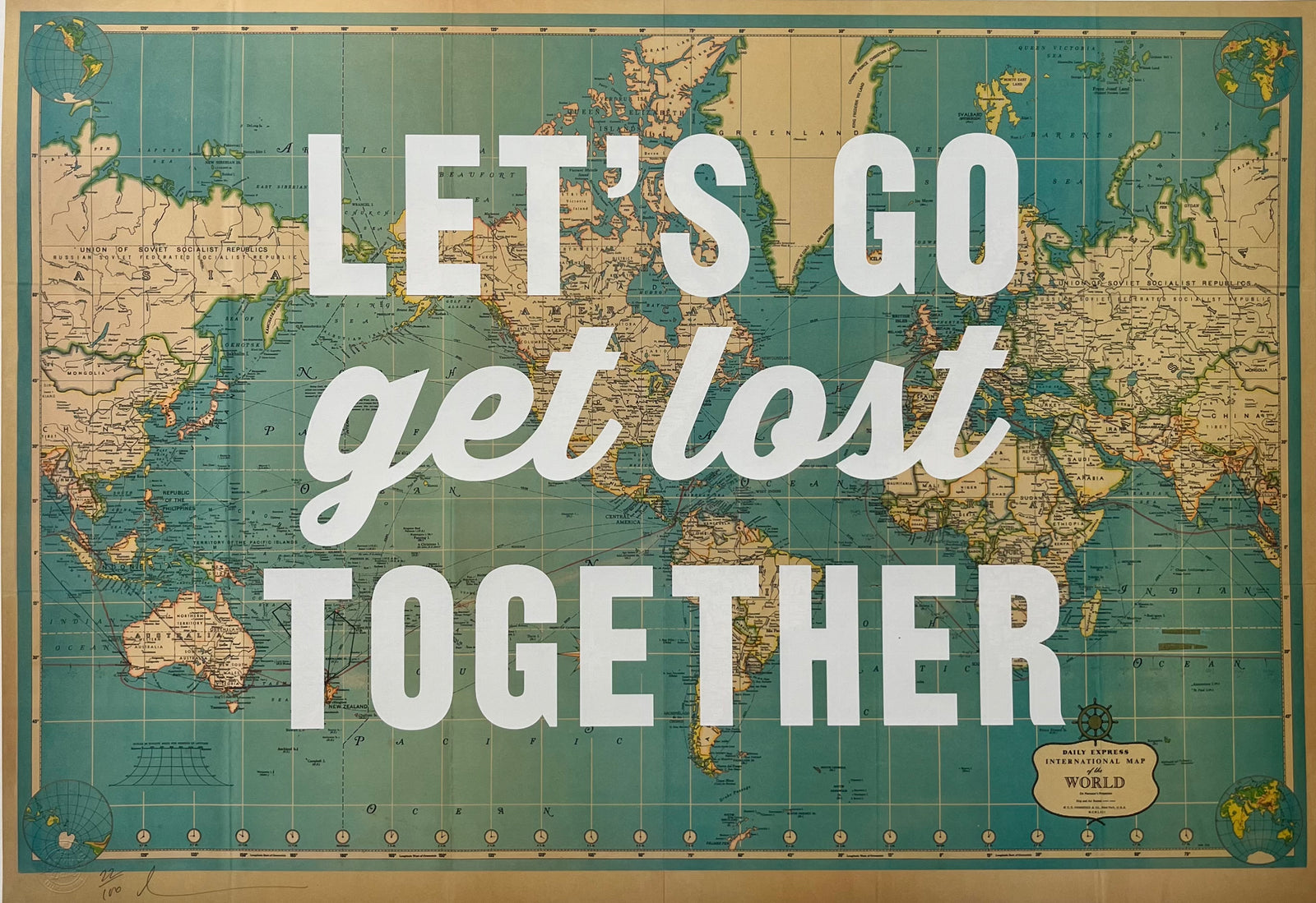 Lets Go Get Lost Together - White by Dave Buonaguidi, a limited edition lithograph print of a vintage daily express map with single colour screen print on 280gsm paper. from 2024