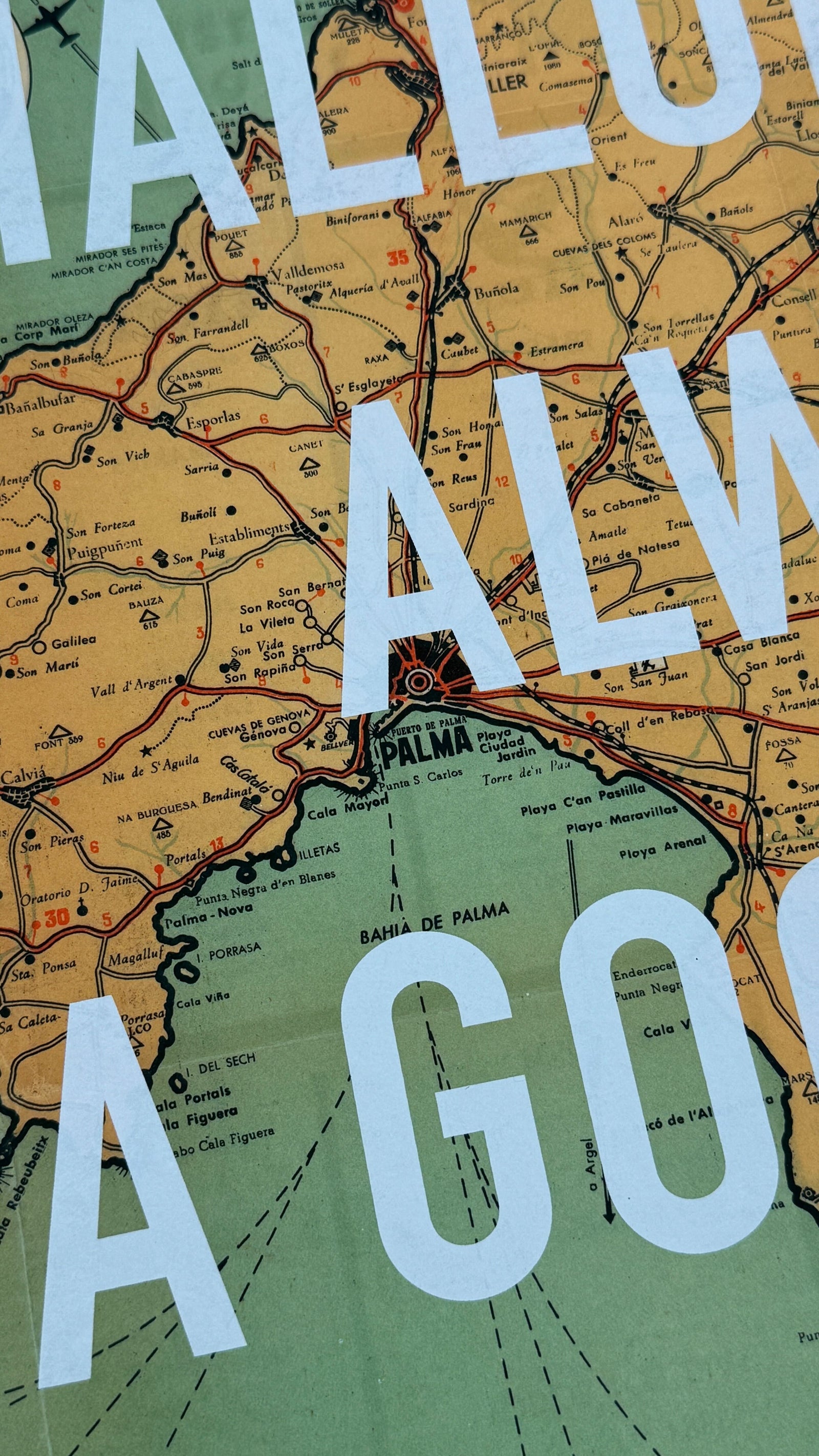 Mallorca Is Always A Good Idea by Dave Buonaguidi, a limited edition giclee print of vintage 1950 poram map of mallorca with a single colour screenprint on 280gsm paper. from 2024