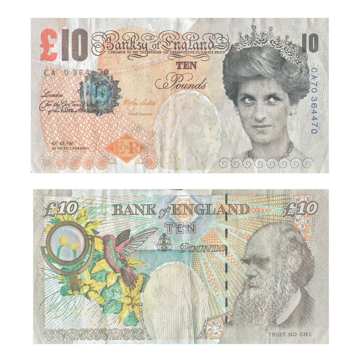 Di-Faced Tenner by Banksy, a limited edition printed counterfeit currency from 2004