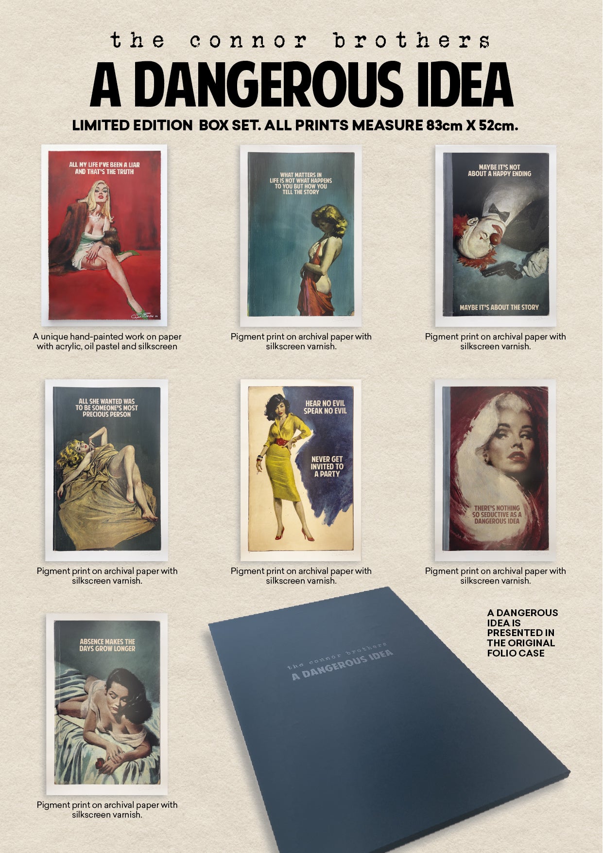 A Dangerous Idea - Box Set by The Connor Brothers, a limited edition one unique, hand-painted work on paper with acrylic, oil pastel & silkscreen and a set of 6 pigment prints on archival paper with silkscreen varnish. from 2019