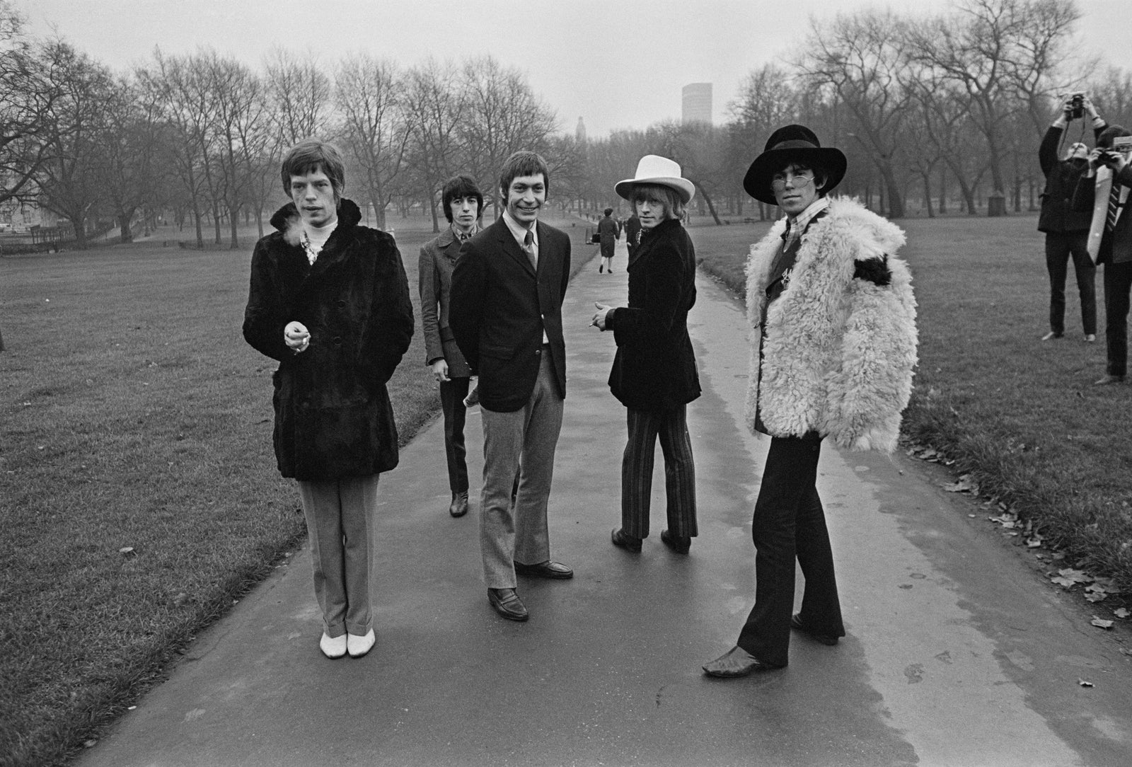 Park Stones by Roger Jackson/Getty Images, 1967. Top British pop group the Rolling Stones taking a stroll through London's Green Park, they are, from left to right, Mick Jagger, Bill Wyman, Charlie Watts, Brian Jones and Keith Richards.. Open Edition Resin Photographic Print. Landscape orientation. Available at Electric Gallery, London, UK.
