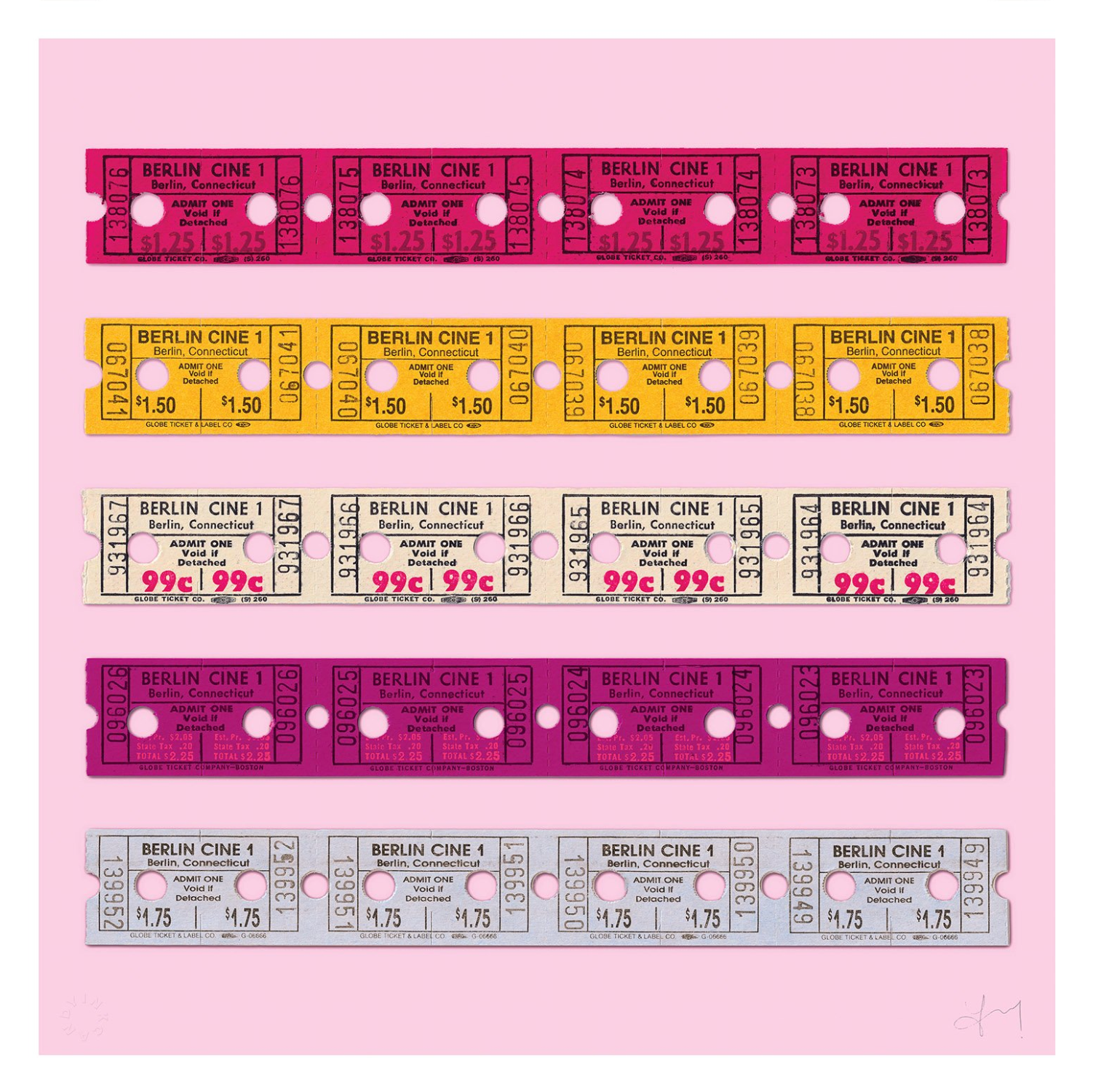 Stubs Strips (Pink) by Inkcandy, a limited edition six colour hand pulled silkscreen printed onto omnia, 200gsm. from 2024