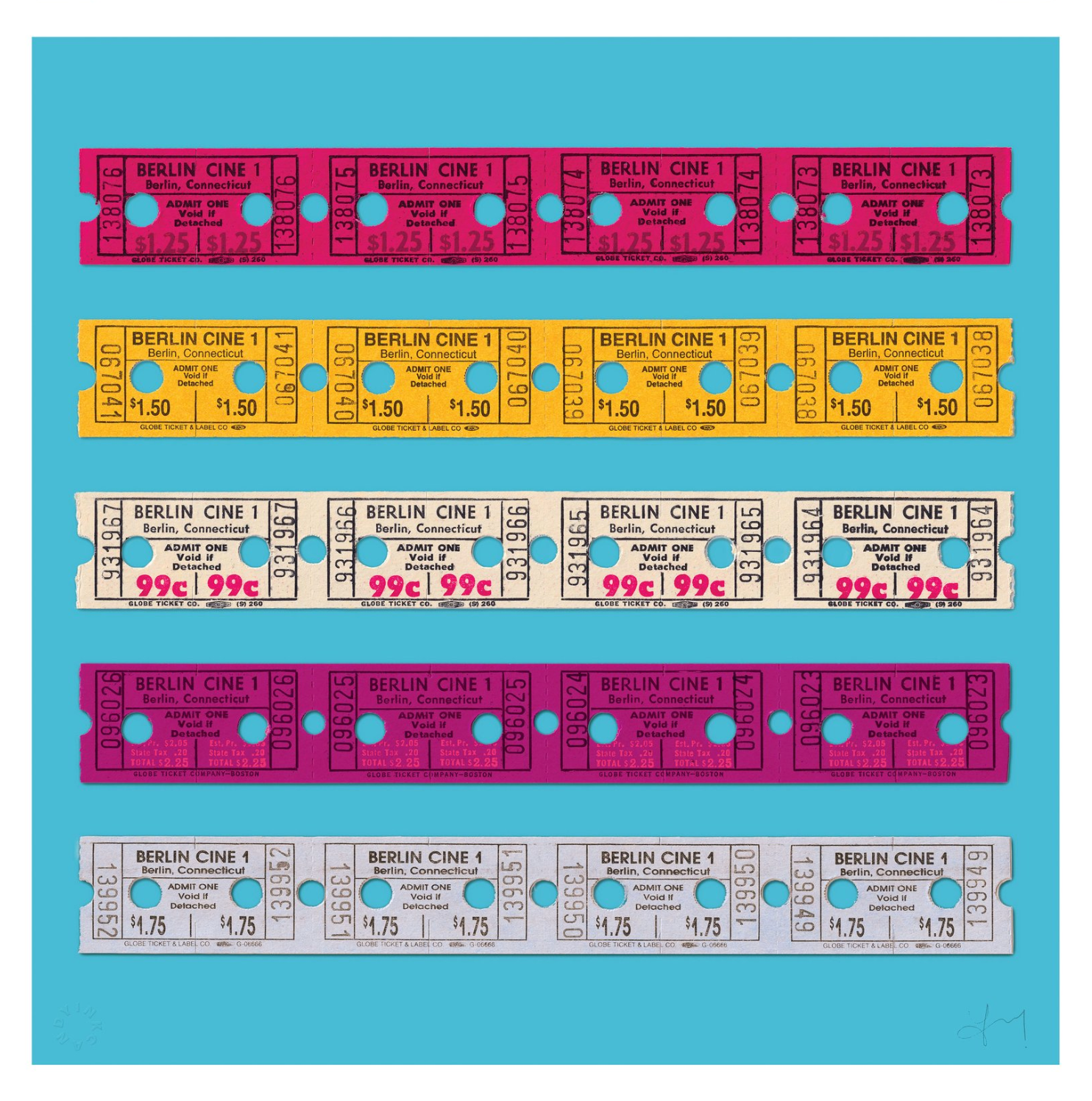 Stubs Strips (Cyan) by Inkcandy, a limited edition six colour hand pulled silkscreen printed onto omnia, 200gsm. from 2024