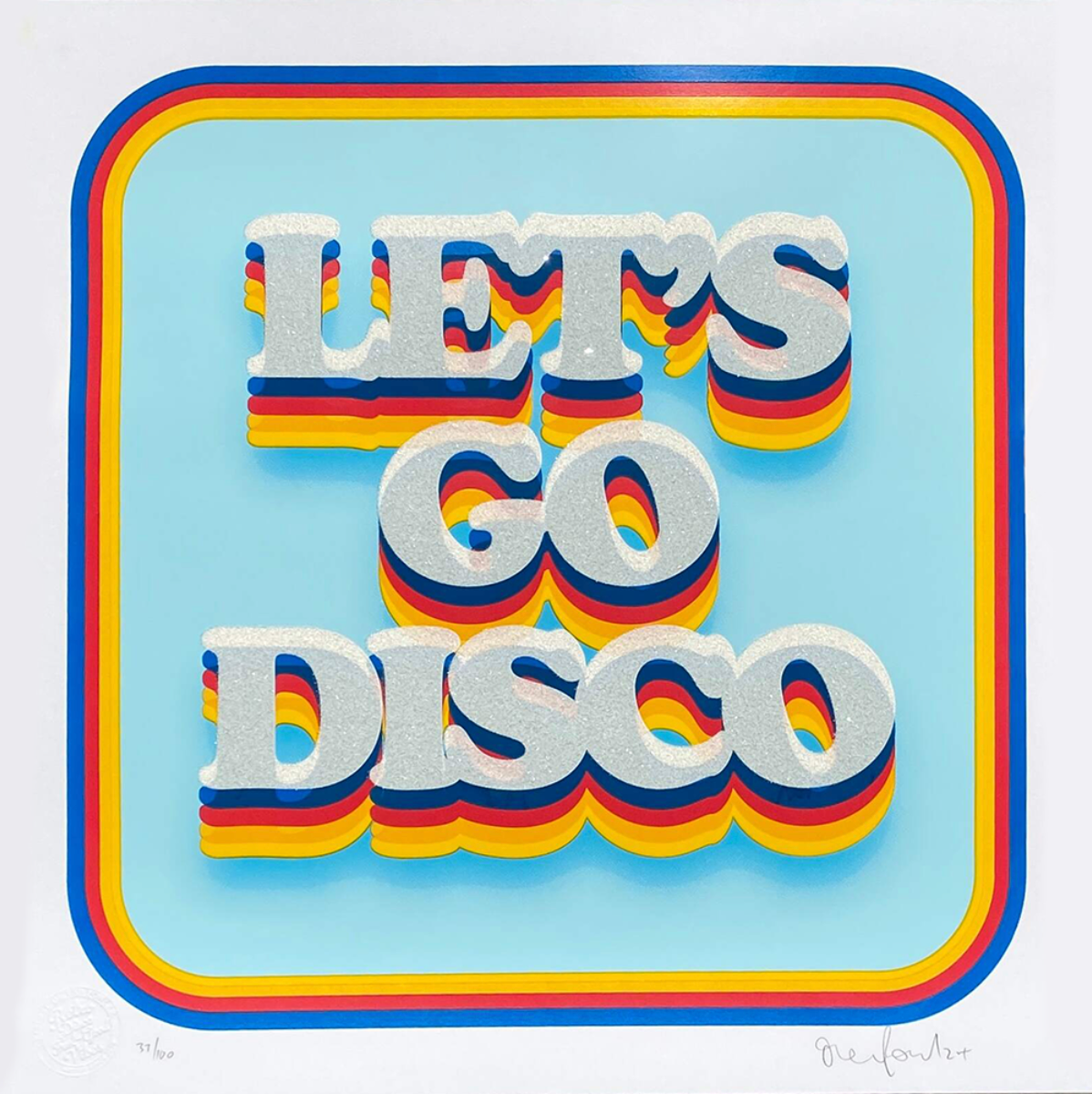 Let's Go Disco by Oli Fowler, a limited edition 7 layer screenprint with diamond dust on 320gsm naturalis white gf smith paper from 2024