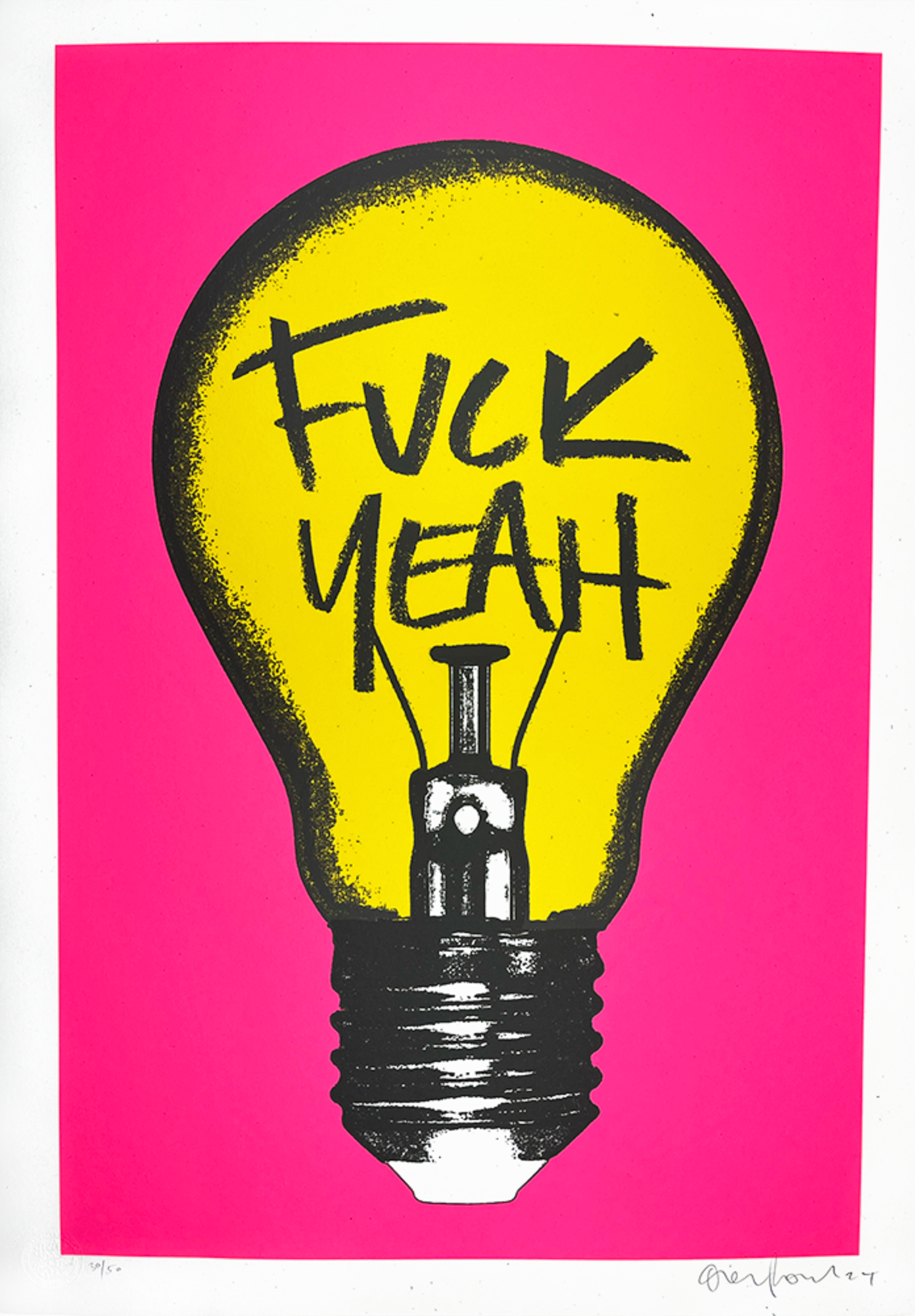 Fuck Yeah by Oli Fowler, a limited edition 3 colour screenprint on 350gsm loop ivory heavy weight paper from 2024