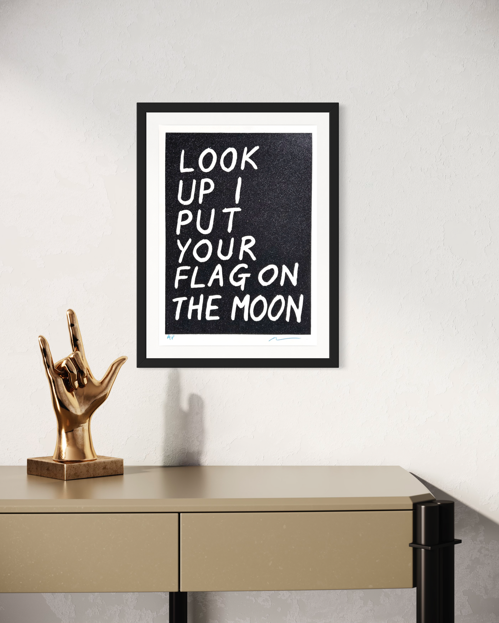 Look Up I Put Your Flag On The Moon (Black) by Adam Bridgland, a limited edition black glitter on somerset satin white 410 gsm paper. from 2024