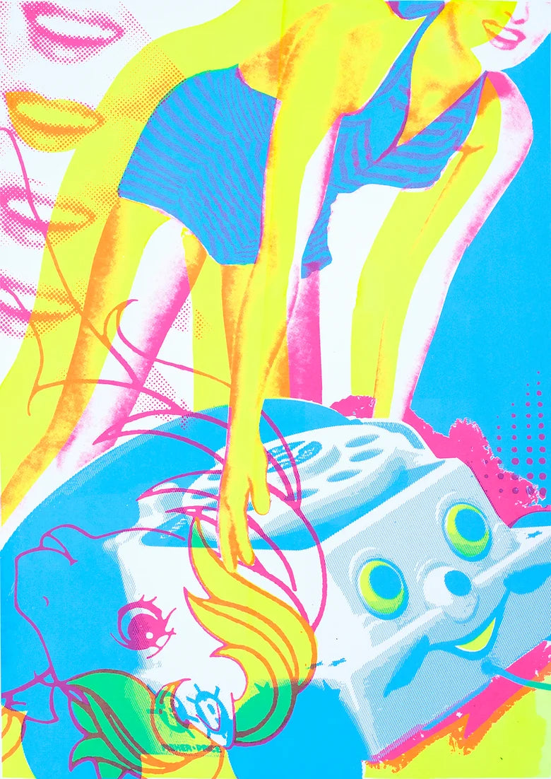 Phone a Friend by The Cameron Twins, a limited edition hand-pulled, multi-layered screenprint (involving hand-made cut-outs) on paper, fluorescent colour from 2022