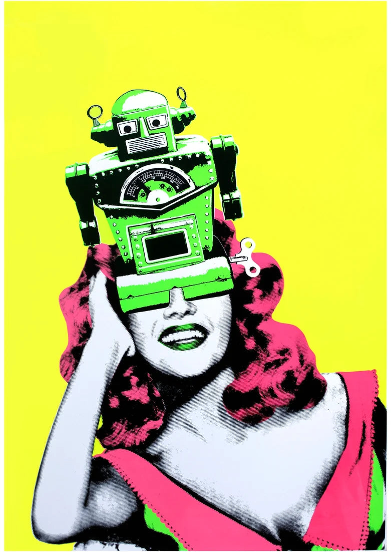 Robo-Rita by The Cameron Twins, a limited edition hand-pulled 4-layered silkscreen with fluorescent, uv reactive colour on paper from 2022
