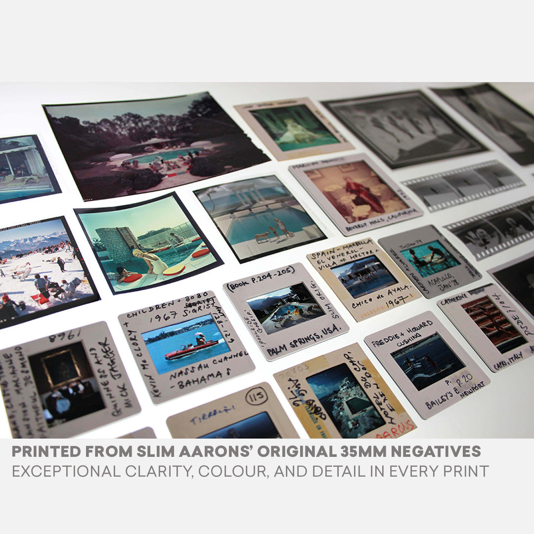 Original Slim Aarons 35mm negatives from the Getty Images archive showing vintage photography slides. Exceptional clarity, colour, and detail in every print.