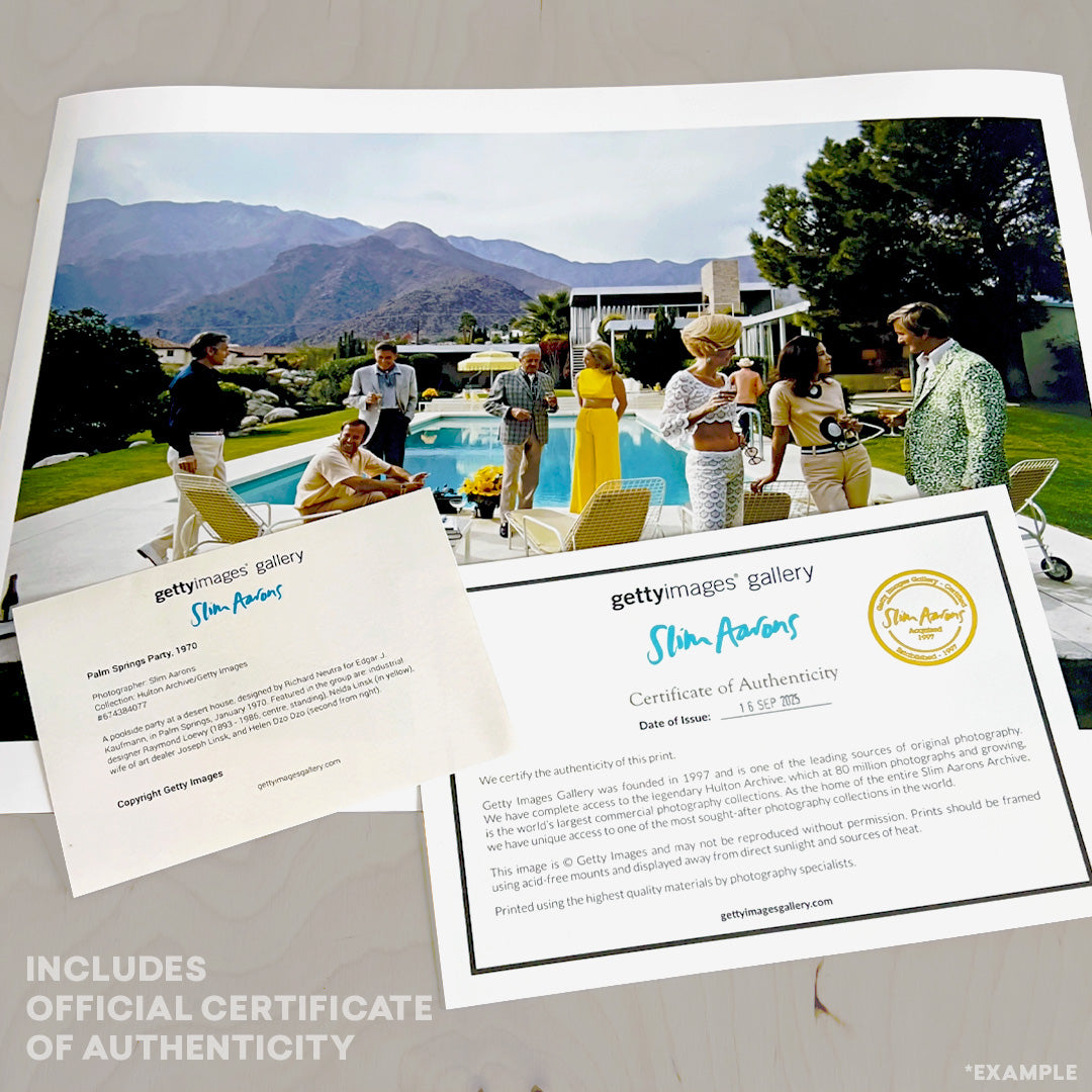 Slim Aarons Palm Springs Party print example with Getty Images certificate of authenticity