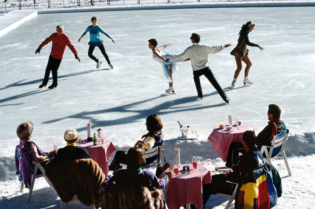 Ice skating at the Palace Hotel, St. Moritz, Switzerland, 1989. Slim Aarons photograph.