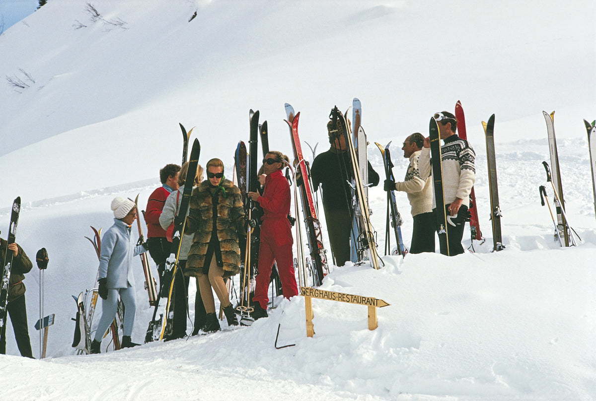 Skiers at Gstaad, Switzerland, March 1969. Slim Aarons photograph.