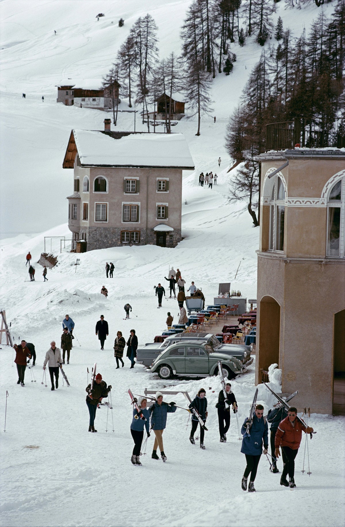 Skiers in St Moritz, Switzerland, March 1963. Slim Aarons photograph.