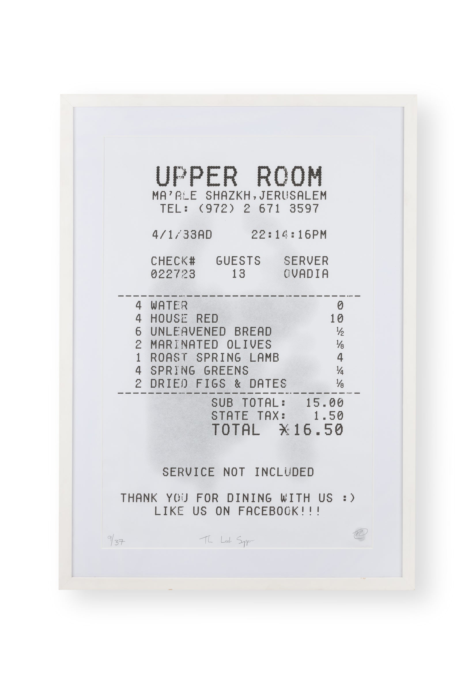 Modern Day Last Supper - (Framed) by Non-Conformist, a limited edition single colour hand pulled screen print on oversized 50gsm receipt paper. includes receipt on rear of frame from 2015