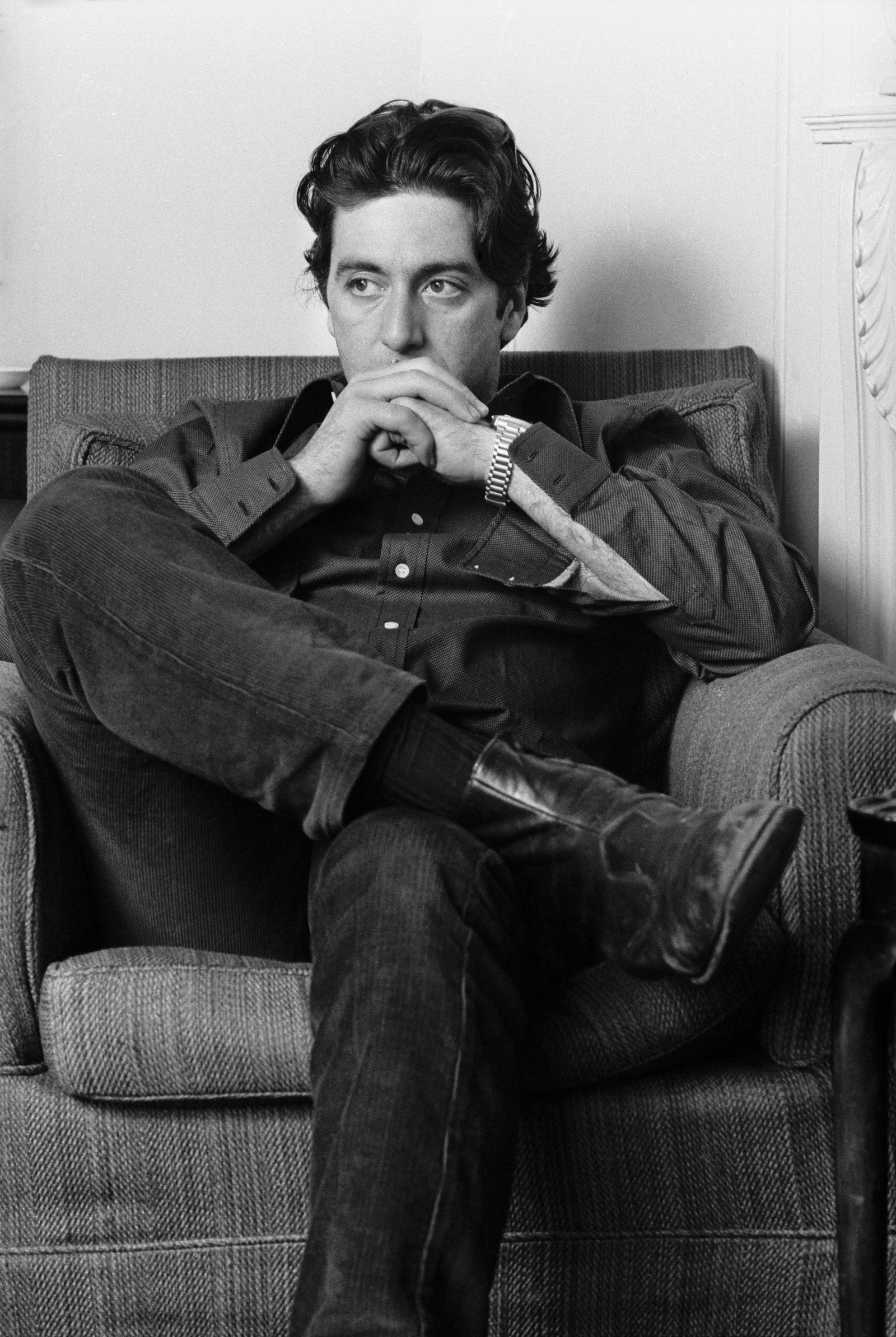 Thoughtful Al by Steve Wood/Getty Images, 1974. American actor Al Pacino in London.. Open Edition Resin Photographic Print. Portrait orientation. Available at Electric Gallery, London, UK.