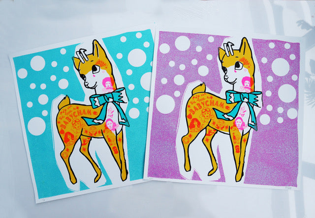 Babycham bubbles (Baby blue) by Rob Timm, a limited edition printed in 5 colours, on gf smith 330 gsm naturalis absolute white satin paper hand finished with blue glitter from 2023