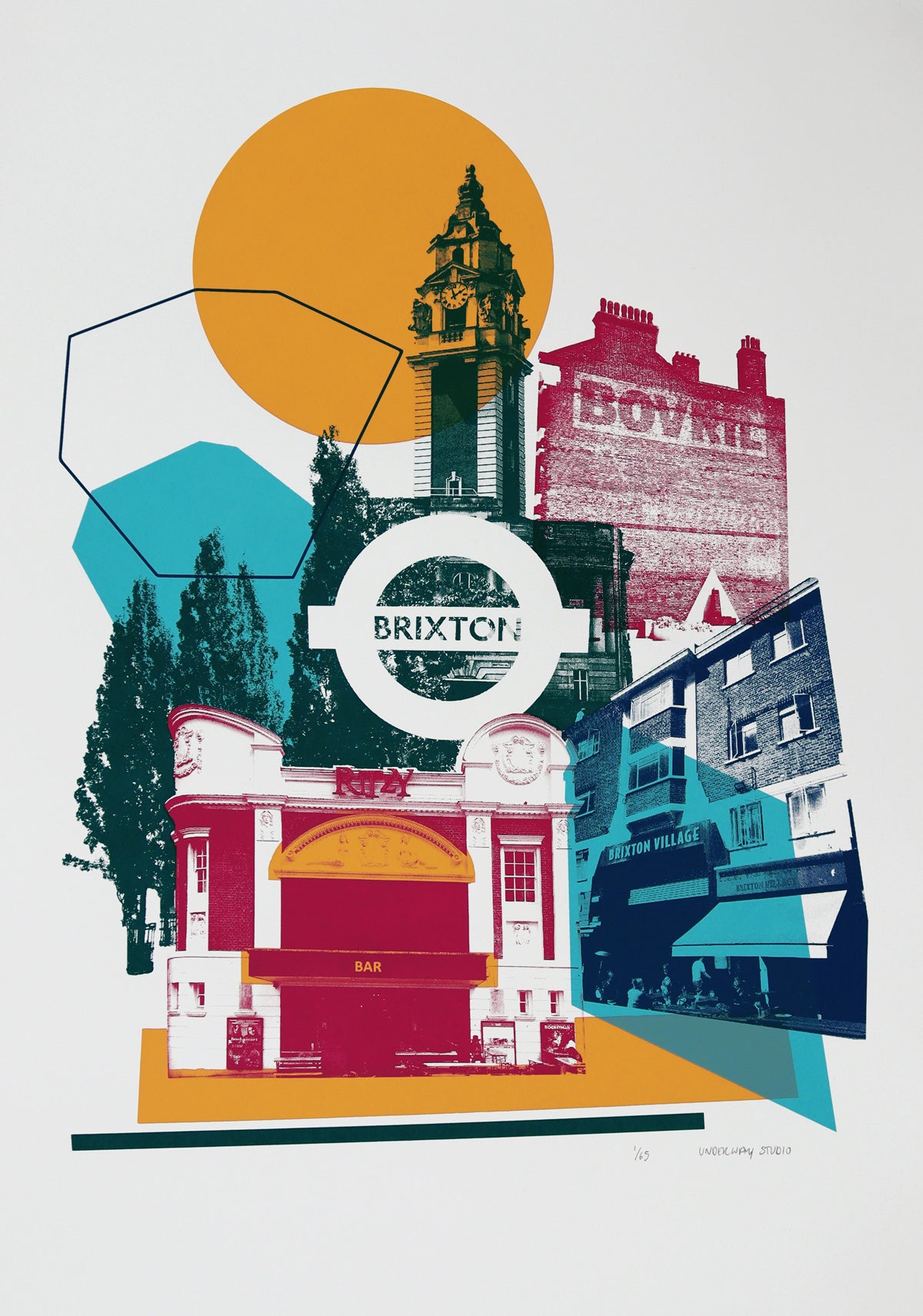 Brixton by Underway Studio, a limited edition 4 colour screenprint on southbank smooth 300gsm paper from 2020
