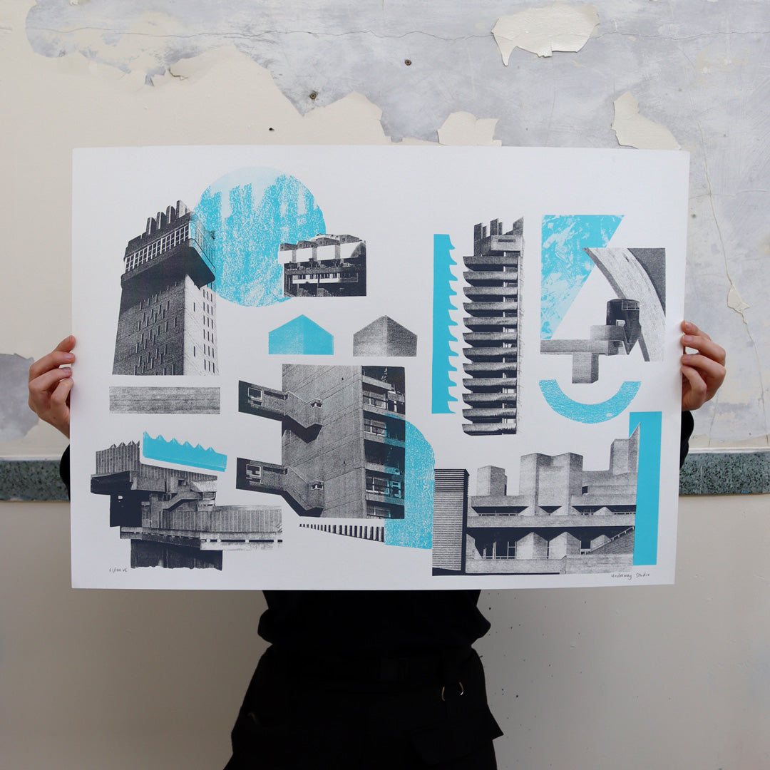 Brutalist Icons (Cyan) by Underway Studio, a limited edition 2 colour screenprint on lambeth cartridge 280gsm from 2018