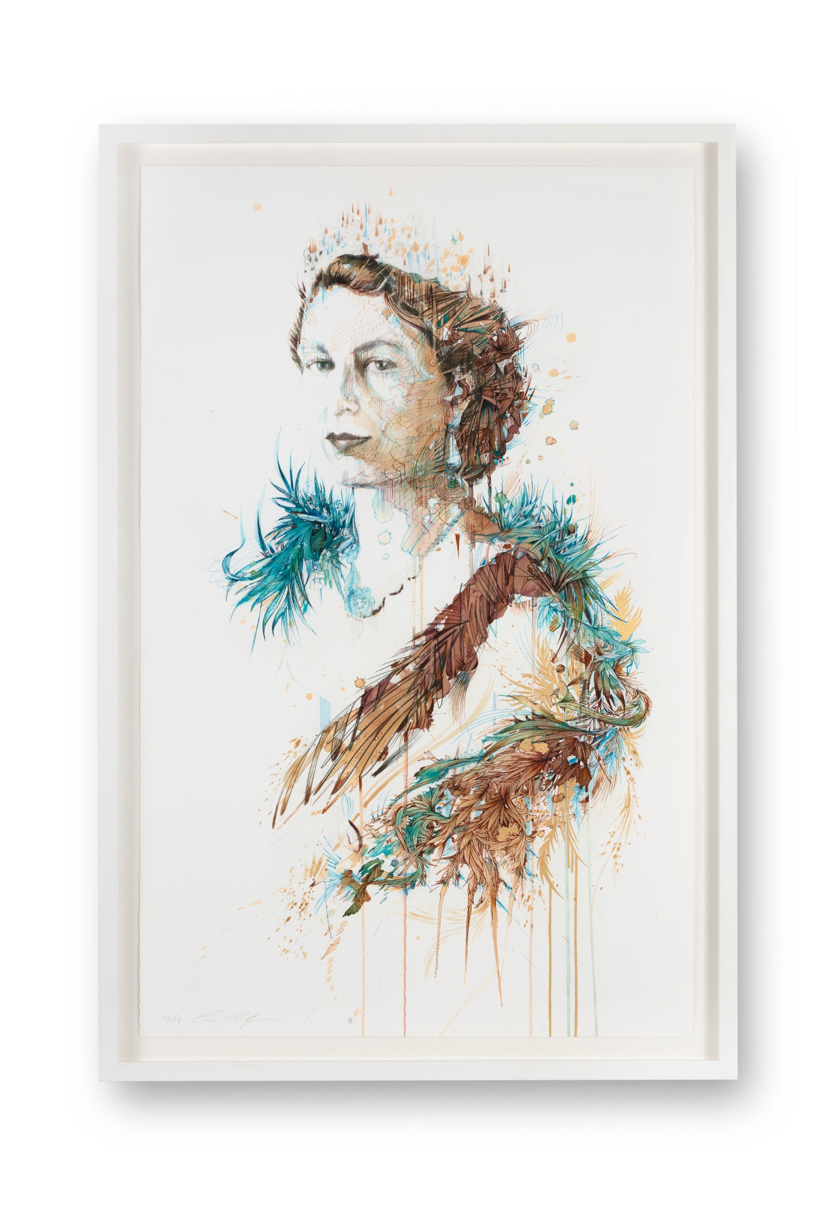 Afternoon Tea With The Queen by Carne Griffiths, a limited edition fine art print on somerset satin paper, hand-finished with tea, whisky, watercolour paint, 24 carat gold leaf and diamond dusting from 2017