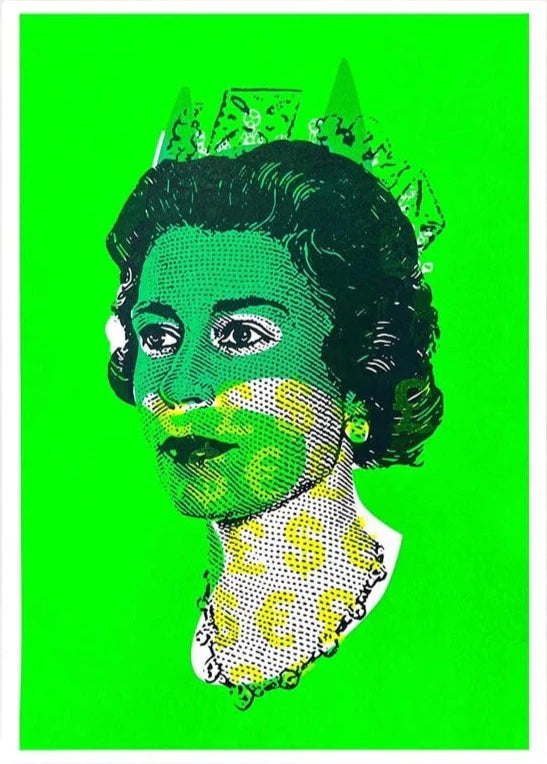 Rich Enough To Be Batman - Elizabeth - Green and Neon Yellow Currency by Heath Kane, a limited edition four colour screen print on southbank coarse 310gsm paper from 2021