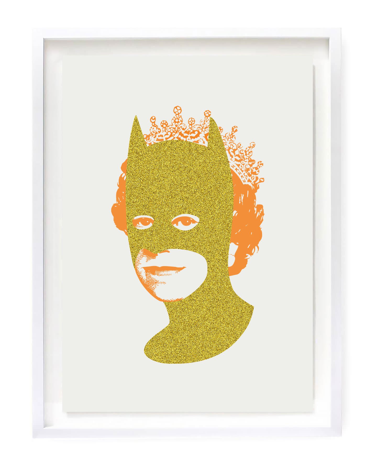 Rich Enough to be Batman - Gold Glitter and Neon Orange by Heath Kane, a limited edition 2 colour screen-print in gold glitter and neon orange on southbank coarse 310gsm paper from 2020