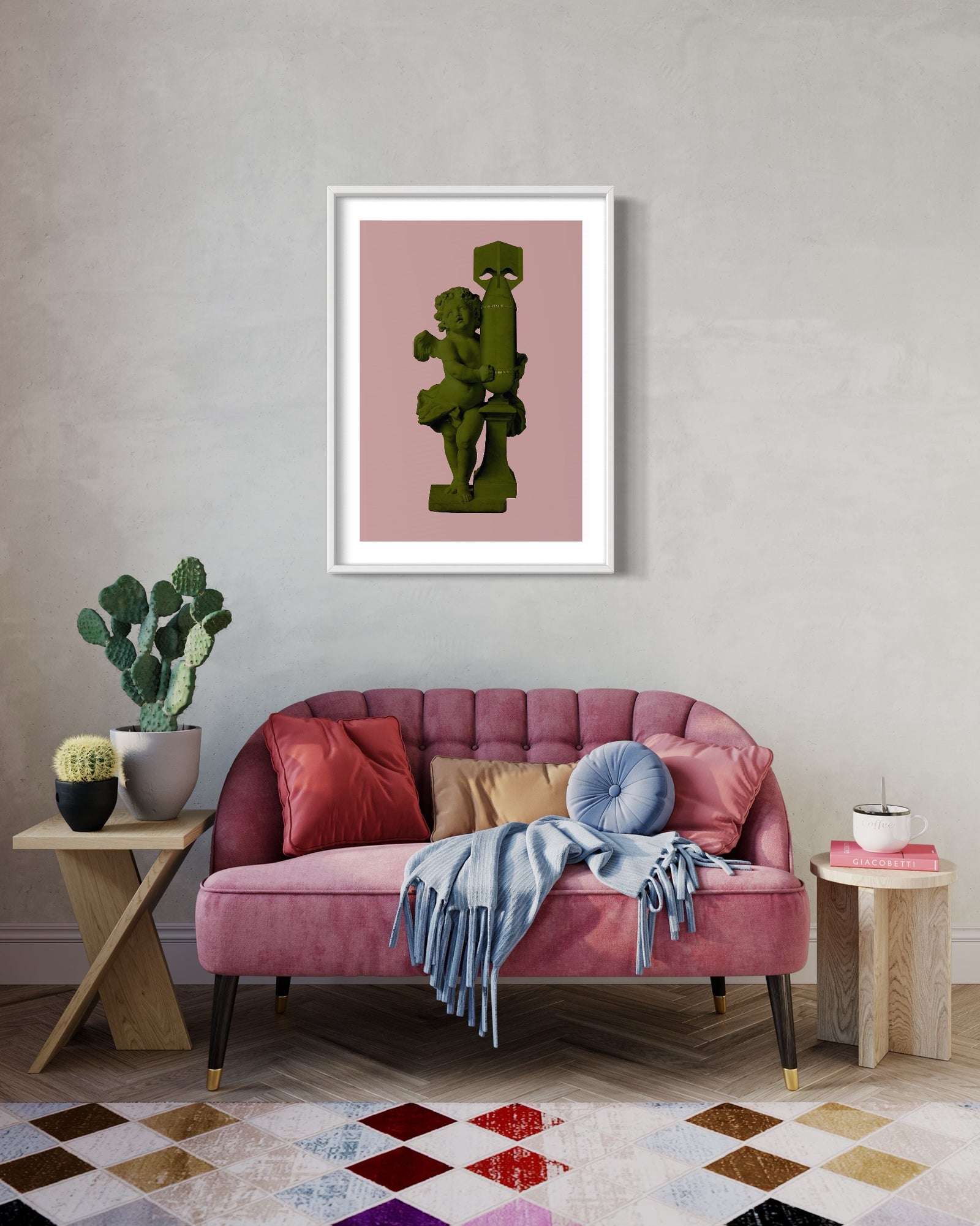 Cupid (Amor Vincit Omnia) Pink/Army Green - (Framed) by Magnus Gjoen