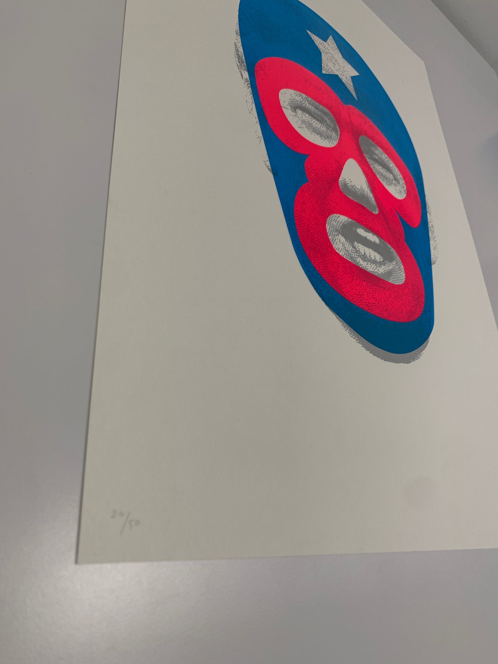 Masks of Fear - El Trump (2nd Edition) by Heath Kane, a limited edition 4 colour screen-print on somerset satin 300gsm paper with two tones of metallic silver and neon pink ink from 2020